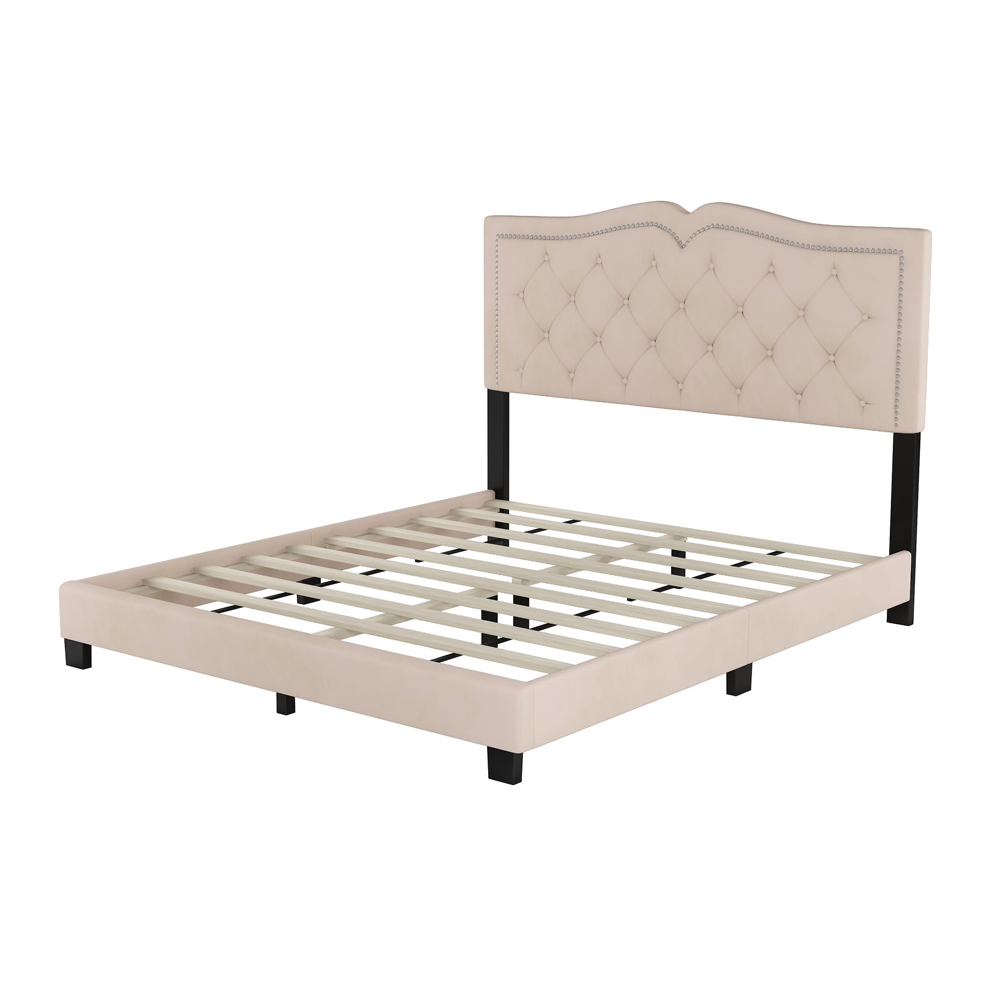 Luxury Velvet Upholstered Platform Bed Frame with Rivet Design - Queen Size Soft Headboard Bed with Slats, No Box Spring Needed - Easy Assembly Modern Bedroom Furniture (Beige) | Perfect for Master Bedrooms, Guest Rooms & Small Space Apartments