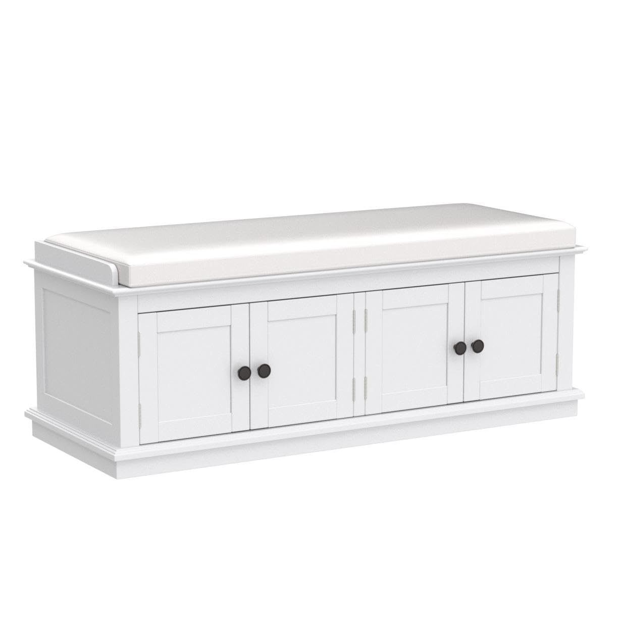 P PURLOVE Farmhouse Style Storage Bench with Adjustable Shelves & Removable Cushion - White Entryway Shoe Bench for Hallway, Living Room & Bedroom Organization