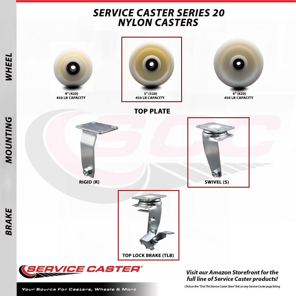 5 Inch White Nylon Wheel Swivel & Rigid Plate Caster Set with Ball Bearing - 1800 lbs Capacity (2 Locking Swivel + 2 Rigid Casters) by Service Caster - Perfect for Industrial Carts, Workbenches & Heavy-Duty Equipment