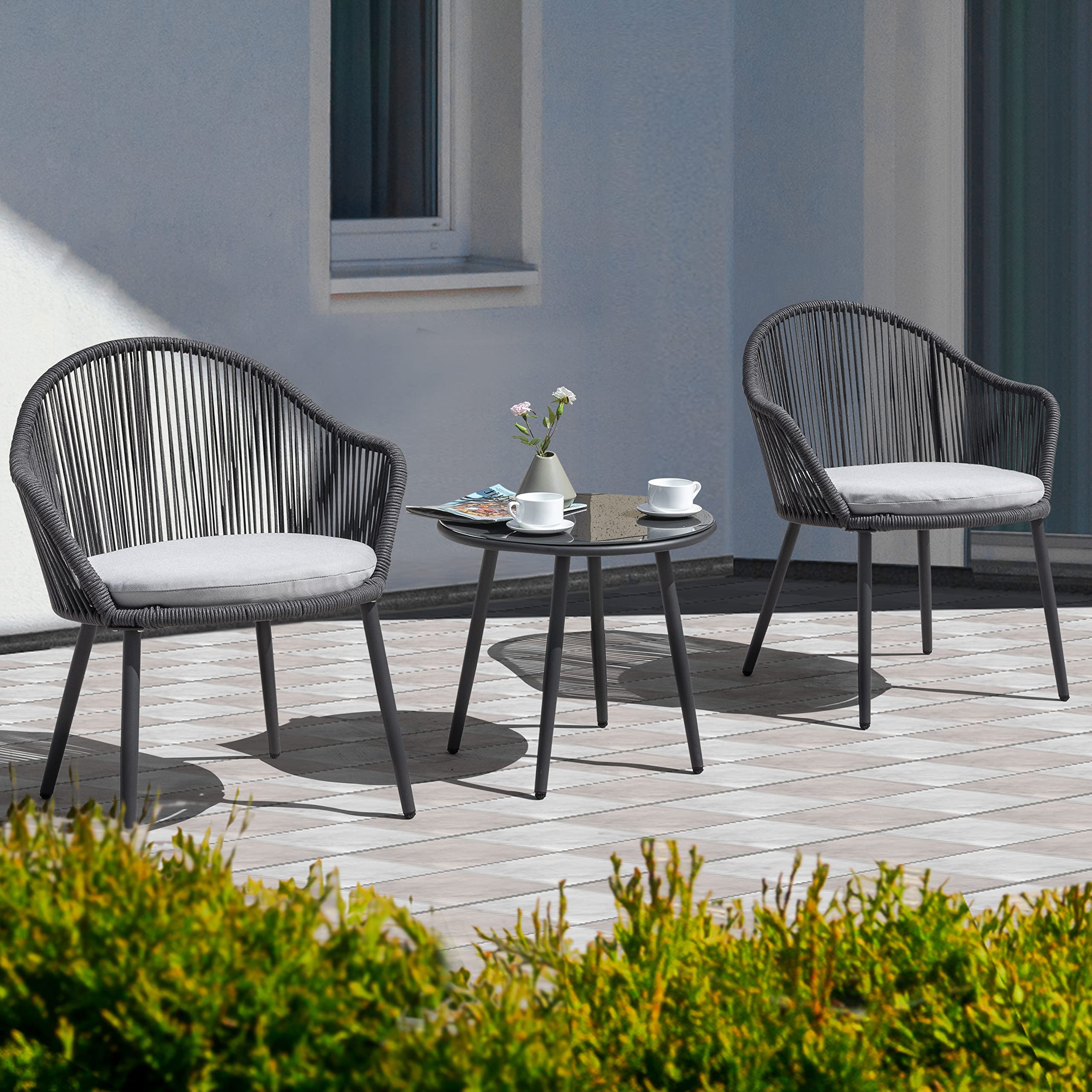 NUU GARDEN 3-Piece Outdoor Bistro Set - All-Weather Woven Rope Patio Furniture with Cushions, Dark Grey - Perfect for Garden, Deck, Backyard, Balcony & Porch Conversations | Ideal for Outdoor Dining, Relaxation & Entertaining Guests