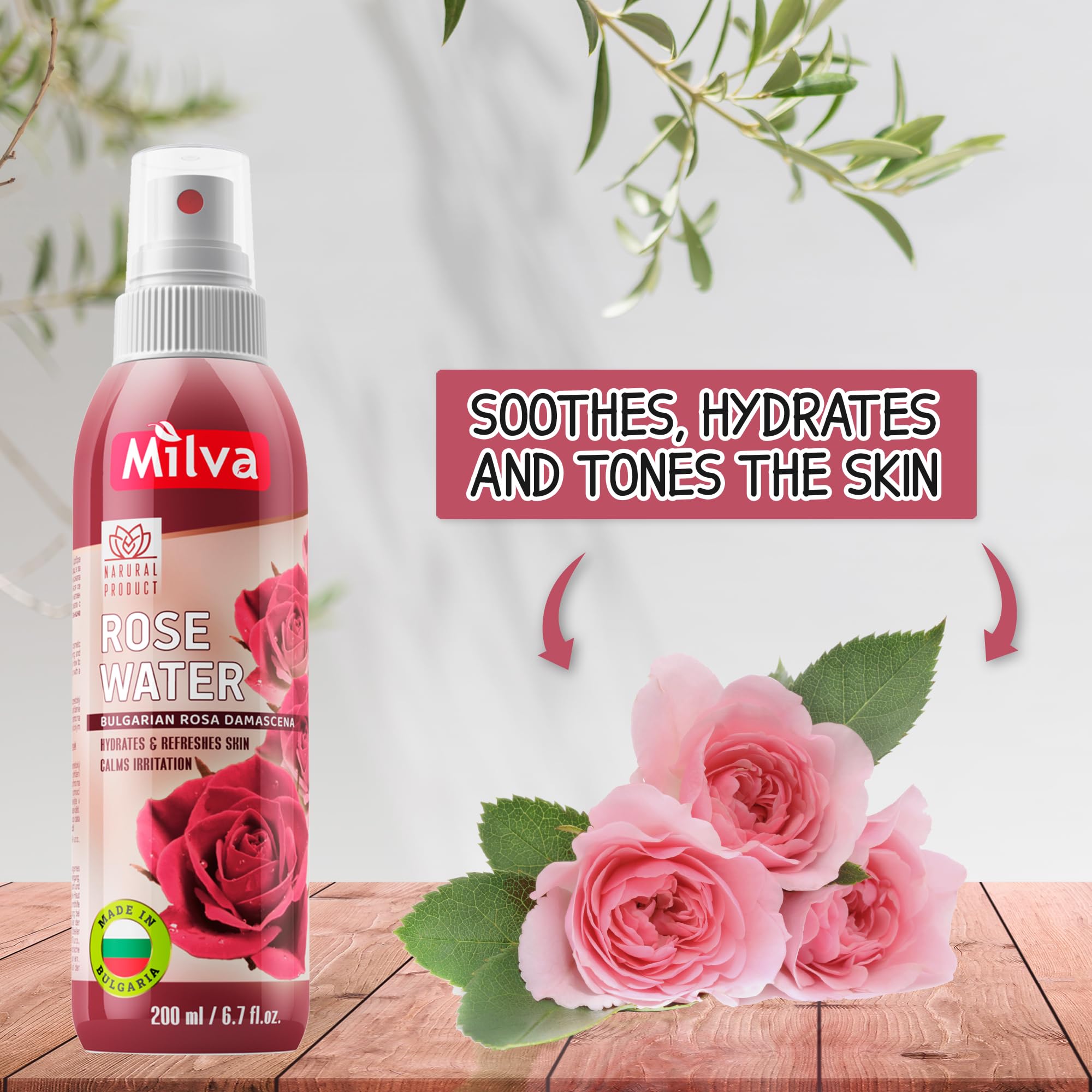 Milva Rose Water Facial Mist with Bulgarian Rose Oil - Alcohol-Free Hydrating Toner & Makeup Remover - Pure Rosewater Spray for Face, Hair & Body Care (200ml) - Perfect for Dry Skin Refreshment & Post-Workout Hydration