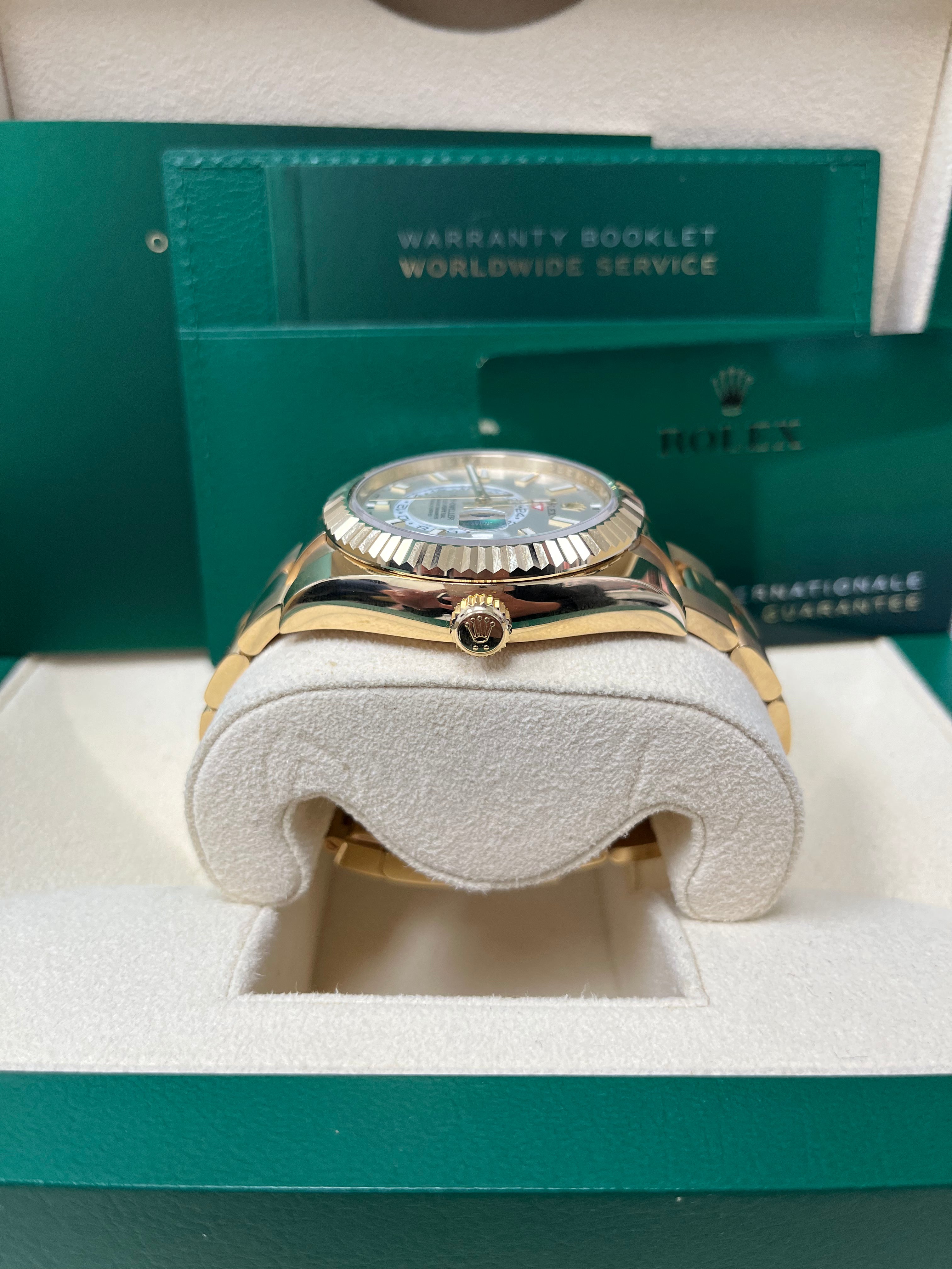 Rolex Sky-Dweller Yellow Gold Watch with White Dial & Oyster Bracelet (Ref# 326938) - Luxury Timepiece for Business Travelers & Watch Collectors