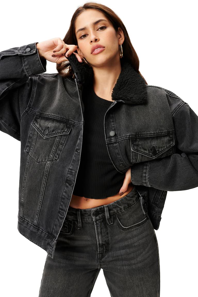Good American Oversized Trucker Jacket - Black Denim Jacket for Women | Vintage Style Distressed Denim | Casual Streetwear & Layering Essential | Perfect for Fall, Winter & Spring Outfits