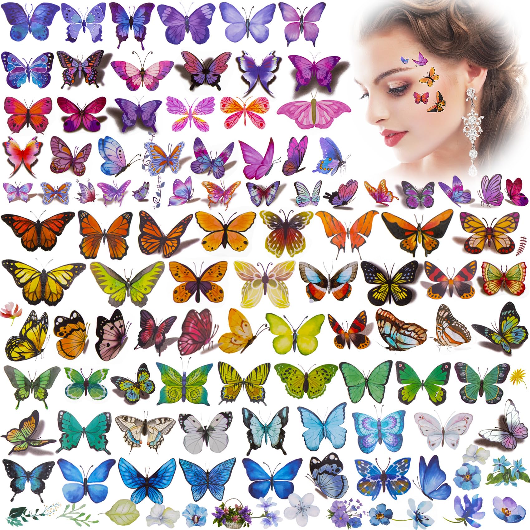 Colorful 40-Sheet (280+ Pieces) Temporary Butterfly Tattoos for Girls, Kids & Women - Waterproof Fairy Flower Fake Body Art Stickers for Birthday Parties, Valentine's Day Favors, Goodie Bags & Summer Festivals