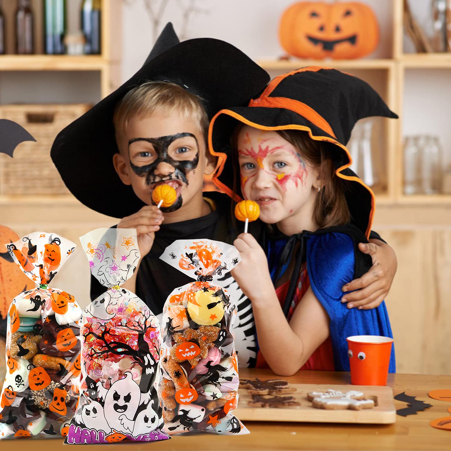 LOMIMOS 150PCS Halloween Cellophane Candy Bags with 300PCS Twist Ties - Clear Plastic Treat Bags for Snacks, Cookies & Party Favors - Perfect for Halloween Parties, Trick-or-Treating & Gift Giving