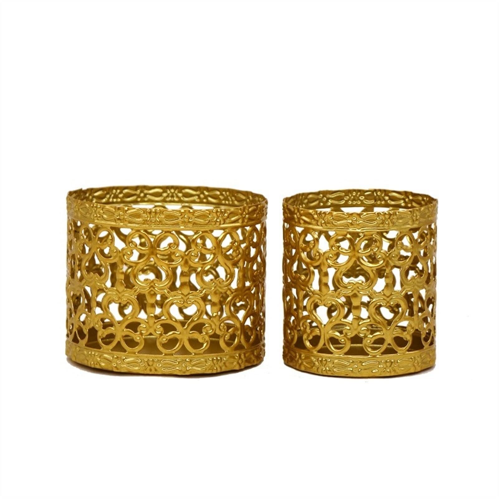 Golden Geometric Hollow Wrought Iron Candle Holder Set of 2 - Modern Aromatherapy Candle Cups for Home Decor, Dining Table Centerpiece, Wedding & Romantic Ambiance Lighting