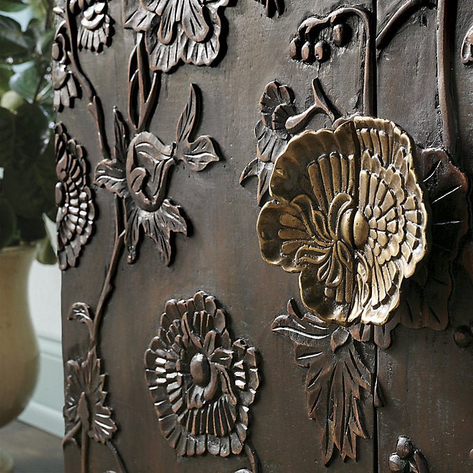 Hand Carved Brown Floral Design Miri Sideboard Buffet with Four Doors - Elegant Storage Cabinet for Dining Room, Living Room & Entryway