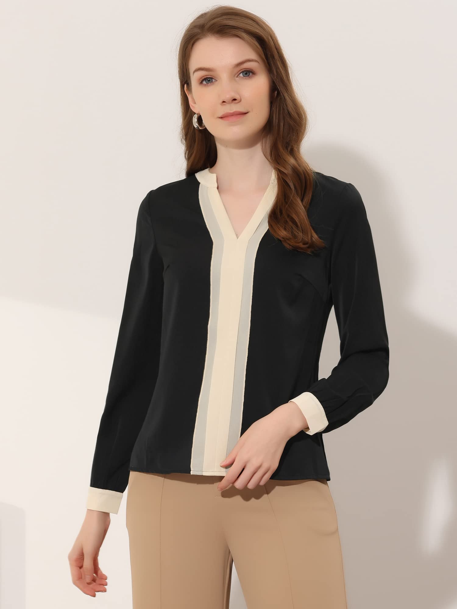 Allegra K Women's Split Neck Pleated Front Blouse - Contrast Color Office Work Tops for Business Casual & Professional Wear