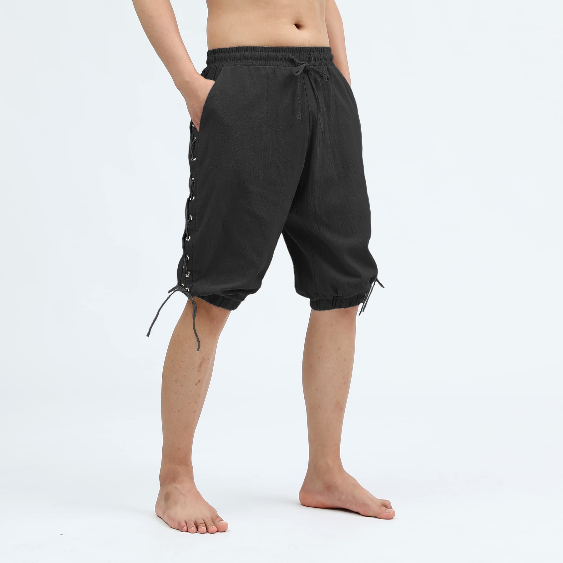 Men's Pirate Shorts - Medieval Viking Navigator Renaissance Banded Pants - Gothic Linen Costume Shorts for Cosplay, LARP, Halloween & Historical Reenactment