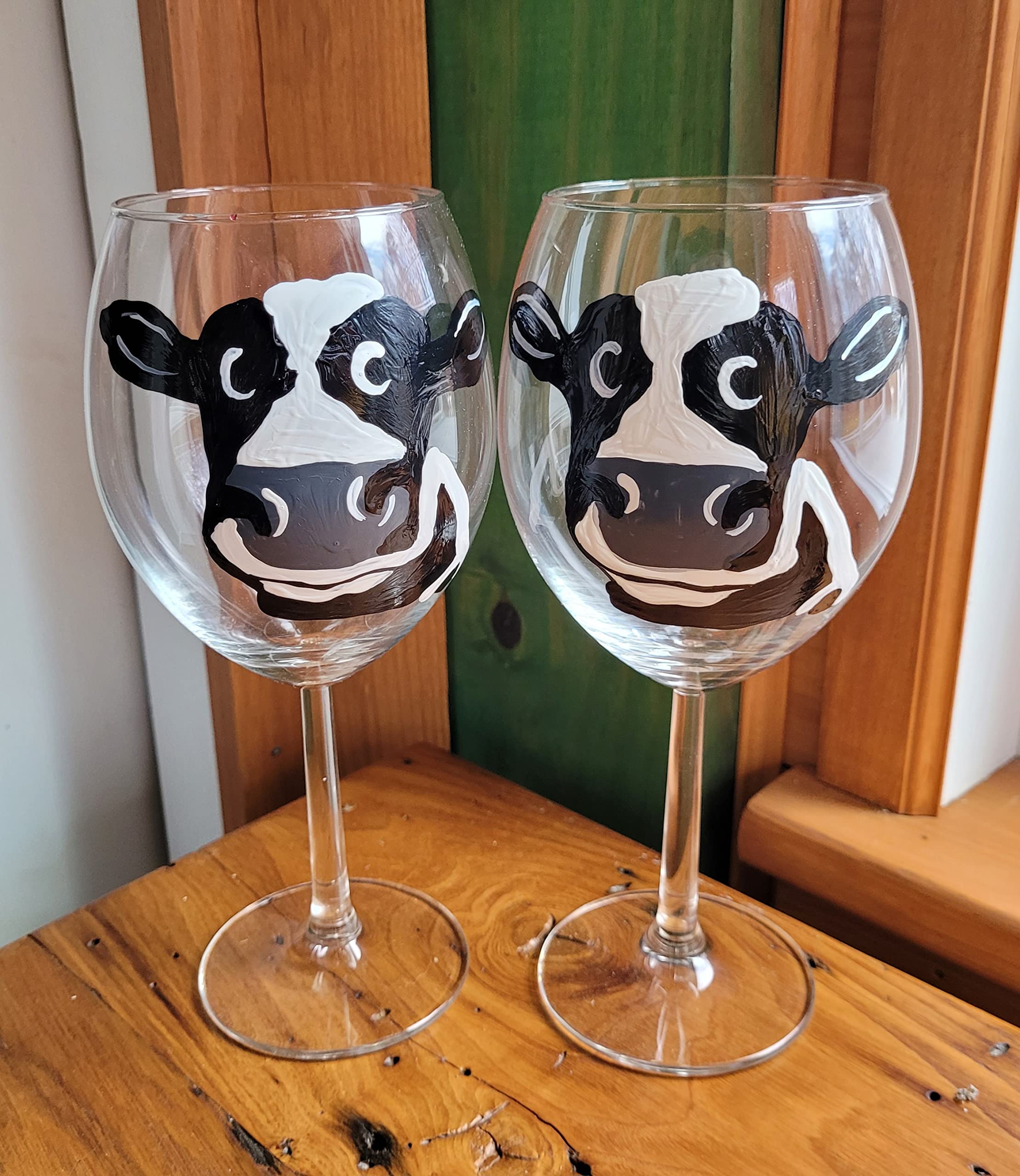 Hand-Painted Dairy Cow Stemless Wine Glasses Set of 2 - Unique Farmhouse Decor for Wine Tasting, Bridal Showers & Rustic Kitchen Decor