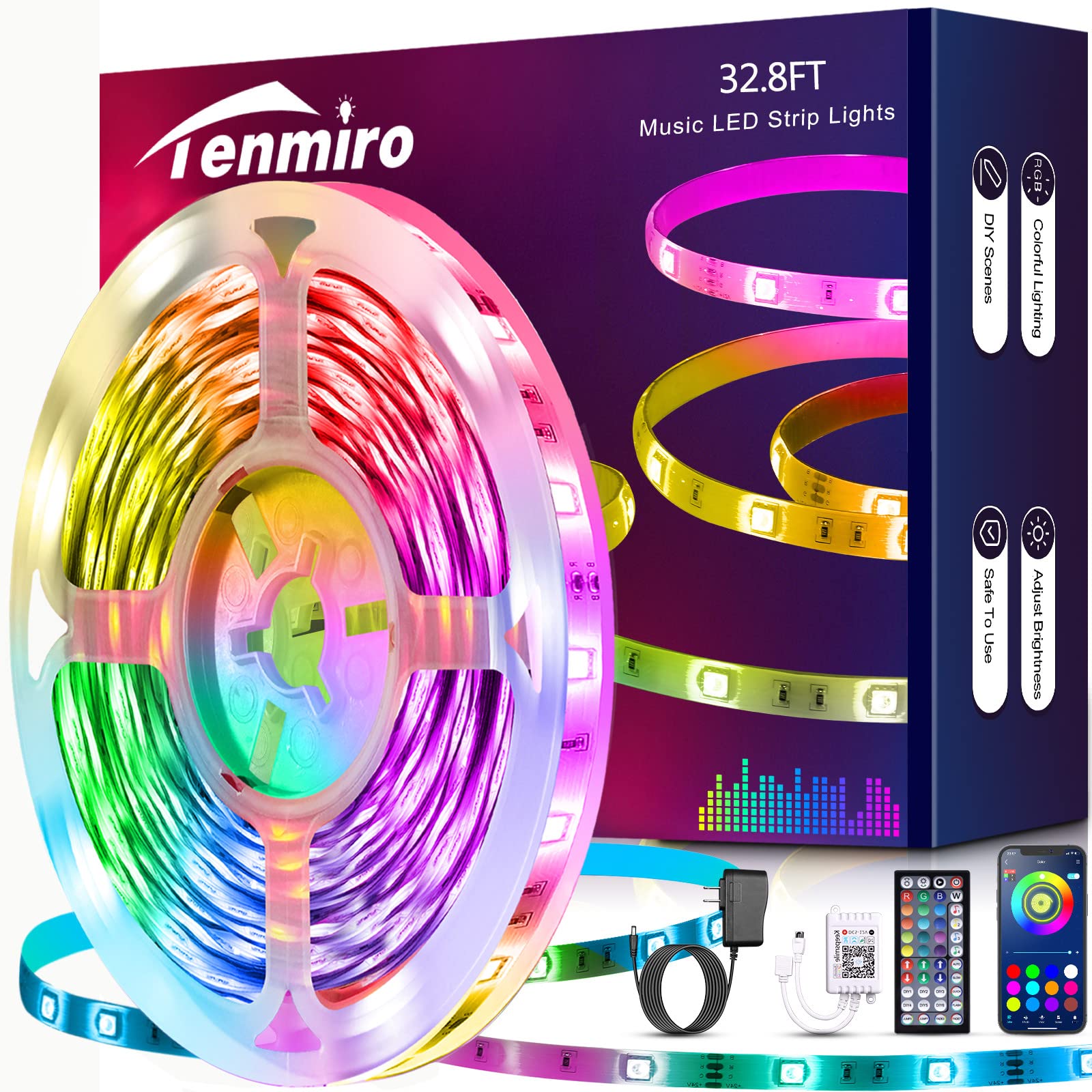 Tenmiro 32.8ft Smart RGB LED Strip Lights with Remote - Music Sync Color Changing Lights for Bedroom, Kitchen, TV Backlight, Home Decor & Party Lighting | Perfect for Holidays, Gaming Setup & Mood Lighting