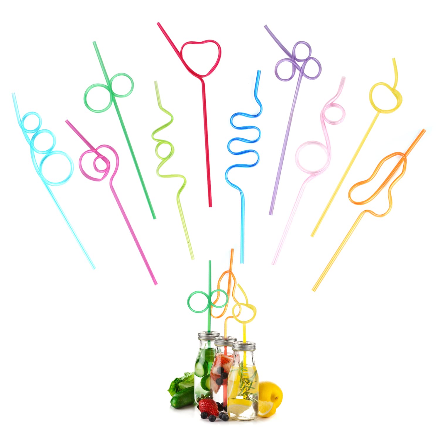 10 Pack Colorful Plastic Straws - Reusable Curly Party Straws for Drinks, Milk, Juice & Cocktails - Fun Creative Decorative Straws for Birthday, Wedding & Holiday Celebrations (Assorted Colors)
