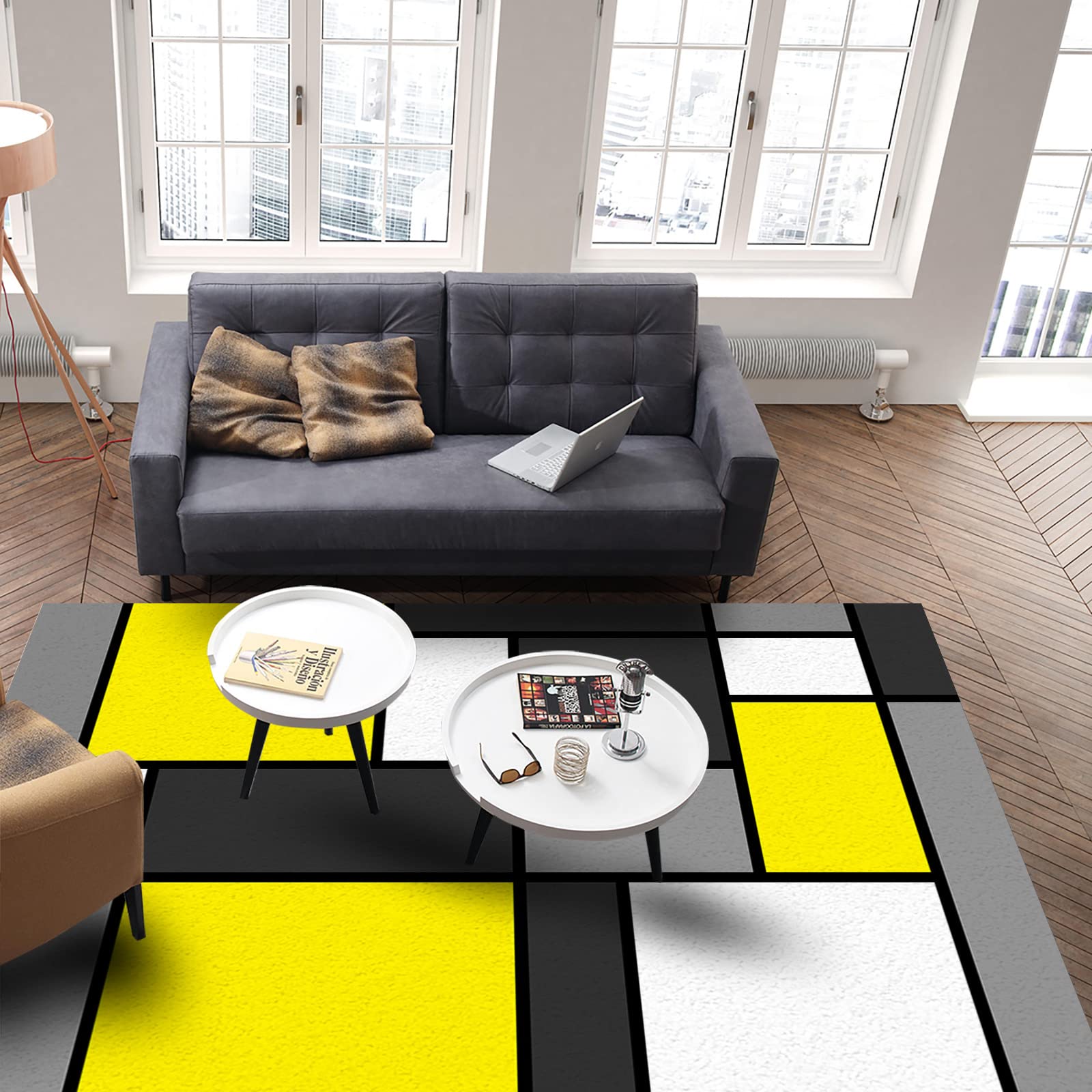 Modern Geometric Area Rug 2.7' x 5' - Abstract Yellow Gray Nursery Carpet, Kitchen Runner & Living Room/Bedroom Floor Mat - Soft Non-Slip Throw Rug for Kids Room, Dorm & Home Decor