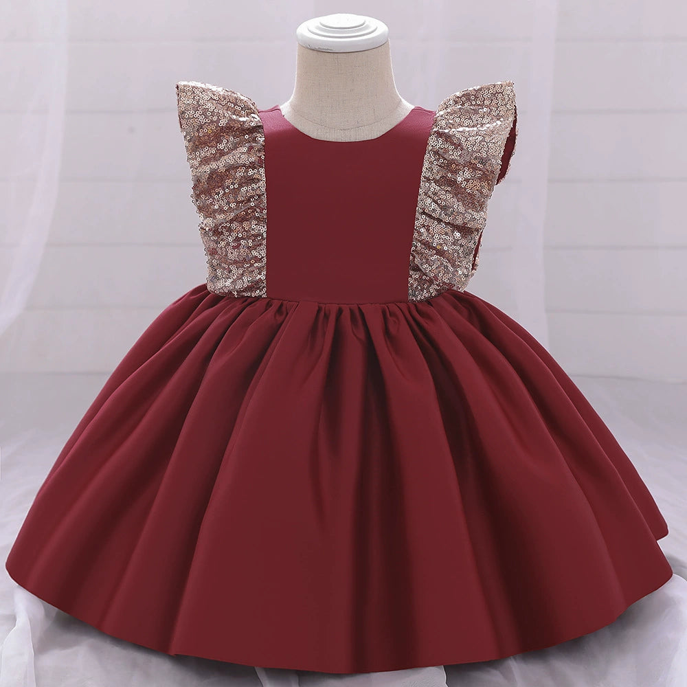 Burgundy Princess Round Tea Length Satin Flower Girl Dress for Weddings, Parties & Special Occasions