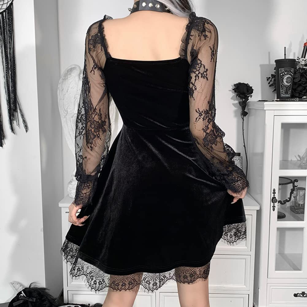 IDOPIP Gothic Lolita Floral Lace Long Sleeve Velvet Dress for Women - Elegant Black Suede Ruched Party Gown | Perfect for Wedding Guest, Evening Events & Gothic Fashion