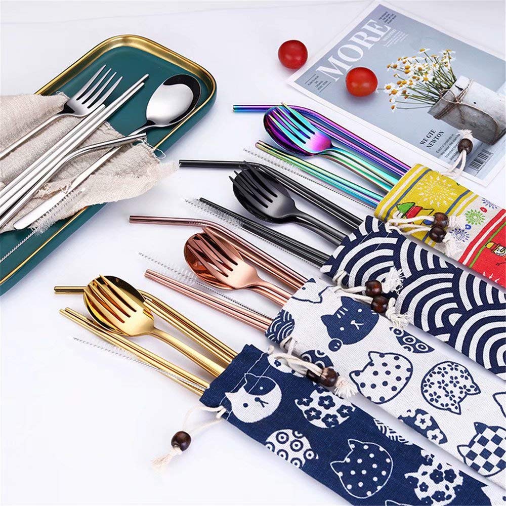 5-Piece Portable Stainless Steel Travel Cutlery Set - Reusable 304 Stainless Steel Fork, Spoon, Chopsticks & Straws with Case - Perfect for Camping, Picnics, Office Lunch & On-the-Go Meals