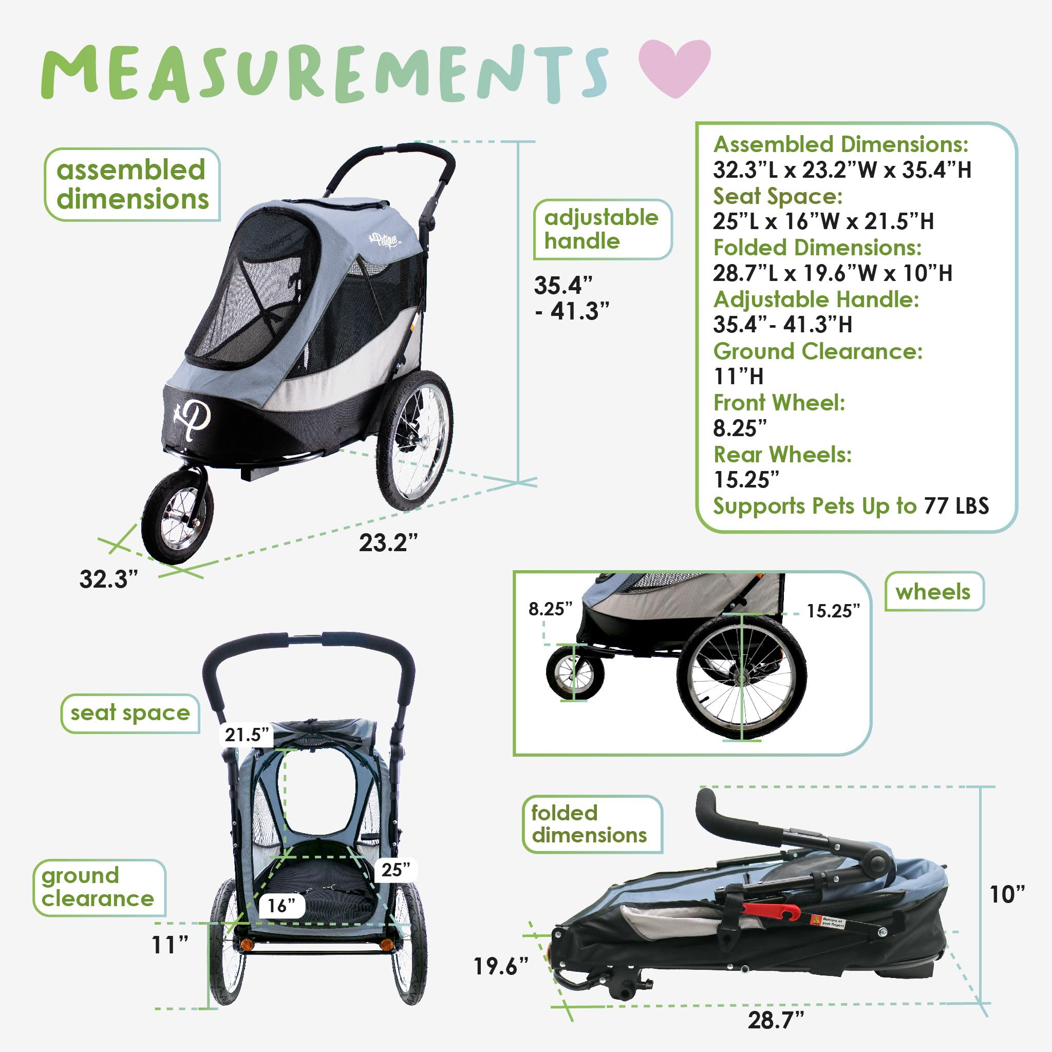 Petique Trailblazer Jogger - Medium Dog Stroller with Ventilation for Cats & Dogs (Gray) - Perfect for Jogging, Shopping & Outdoor Adventures with Your Pet