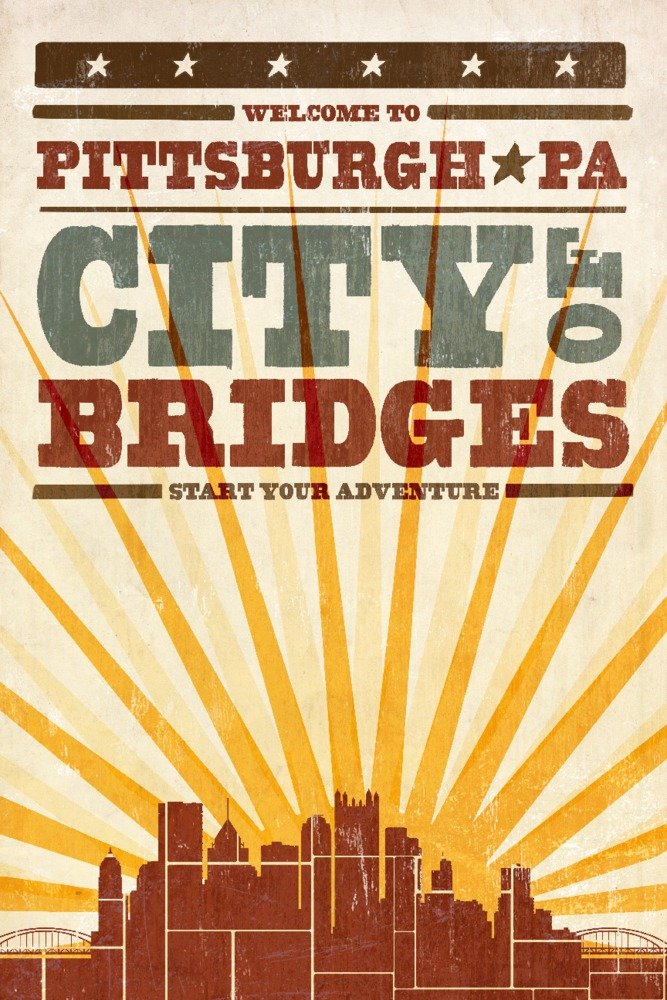 Pittsburgh Pennsylvania Skyline Sunburst Screenprint Art Print - 24x36 Signed Wall Decor Poster for Living Room, Office & Home Decoration