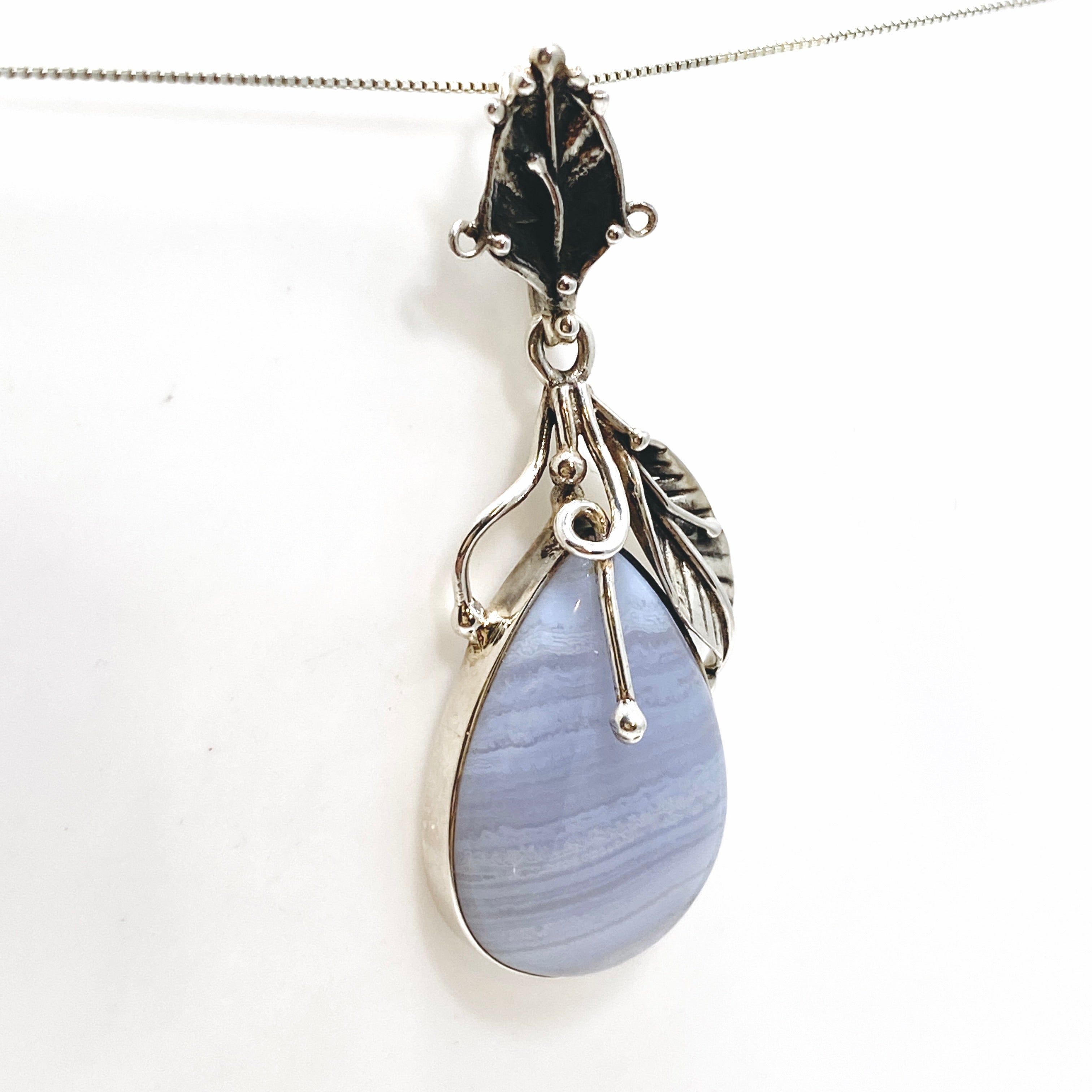 Blue Lace Agate Teardrop Cabochon Pendant Necklace in Botanical Setting - Handmade Gemstone Jewelry for Women, Boho Chic Accessory | Perfect for Weddings, Parties & Everyday Wear