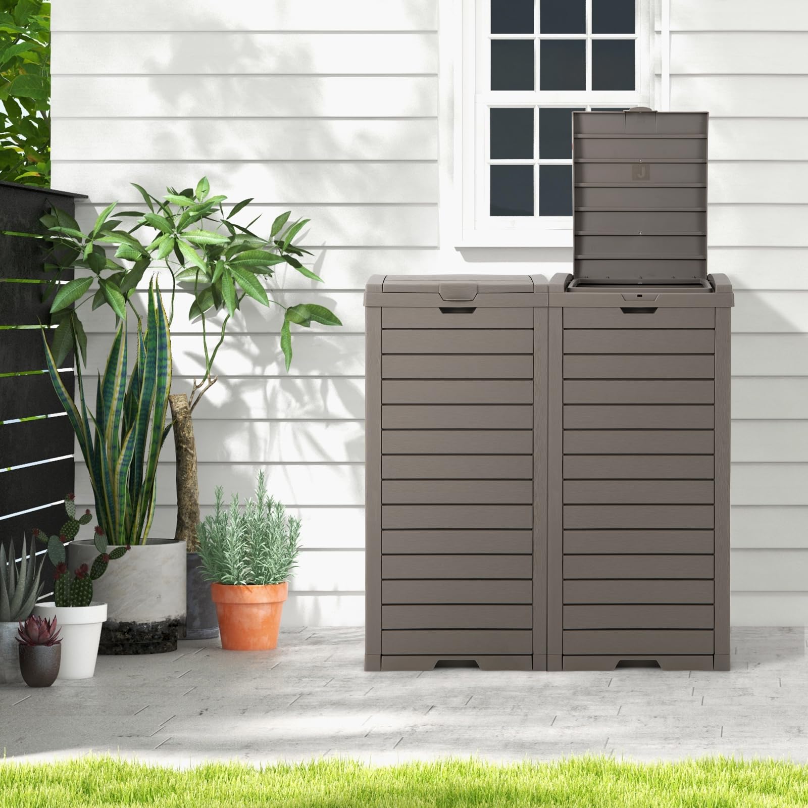 SAFSTAR 31 Gallon Outdoor Trash Can with Lid - Waterproof Large Resin Garbage Bin (16”x16”x34”) for 33-40 Gallon Trash Bags - Slidable Tray Design - Perfect for Patio, Backyard, Deck & Outdoor Spaces - Grey