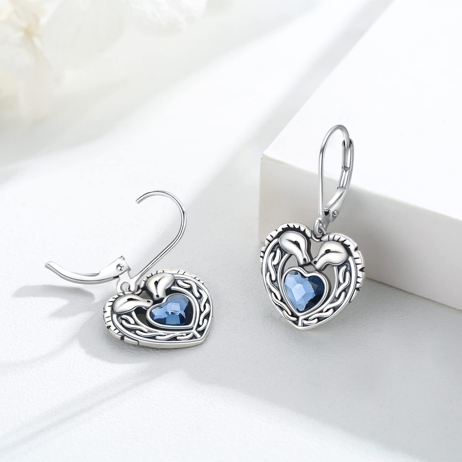 Celtic Horse Earrings Sterling Silver - Blue Crystal Heart Dangle Earrings with Celtic Knot Leverback, Irish Horse Jewelry for Women, Perfect Gift for Graduation, Birthday & Special Occasions