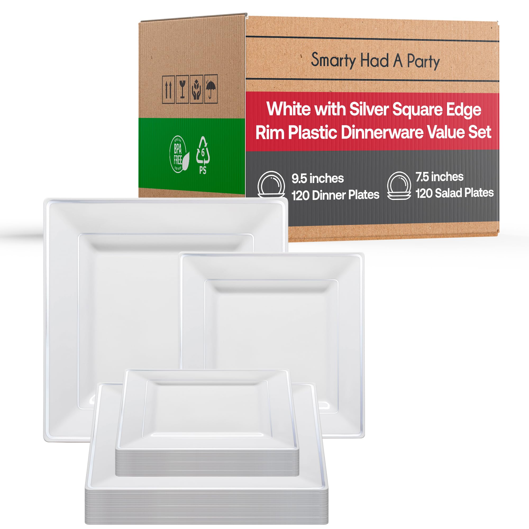 Premium Heavy Duty Disposable Plastic Dinnerware Sets - Elegant Square Plates for Weddings, Birthdays & Special Events (White with Silver Trim, 120-Piece Combo Set) | Perfect for Catering, Party Decor & Large Gatherings