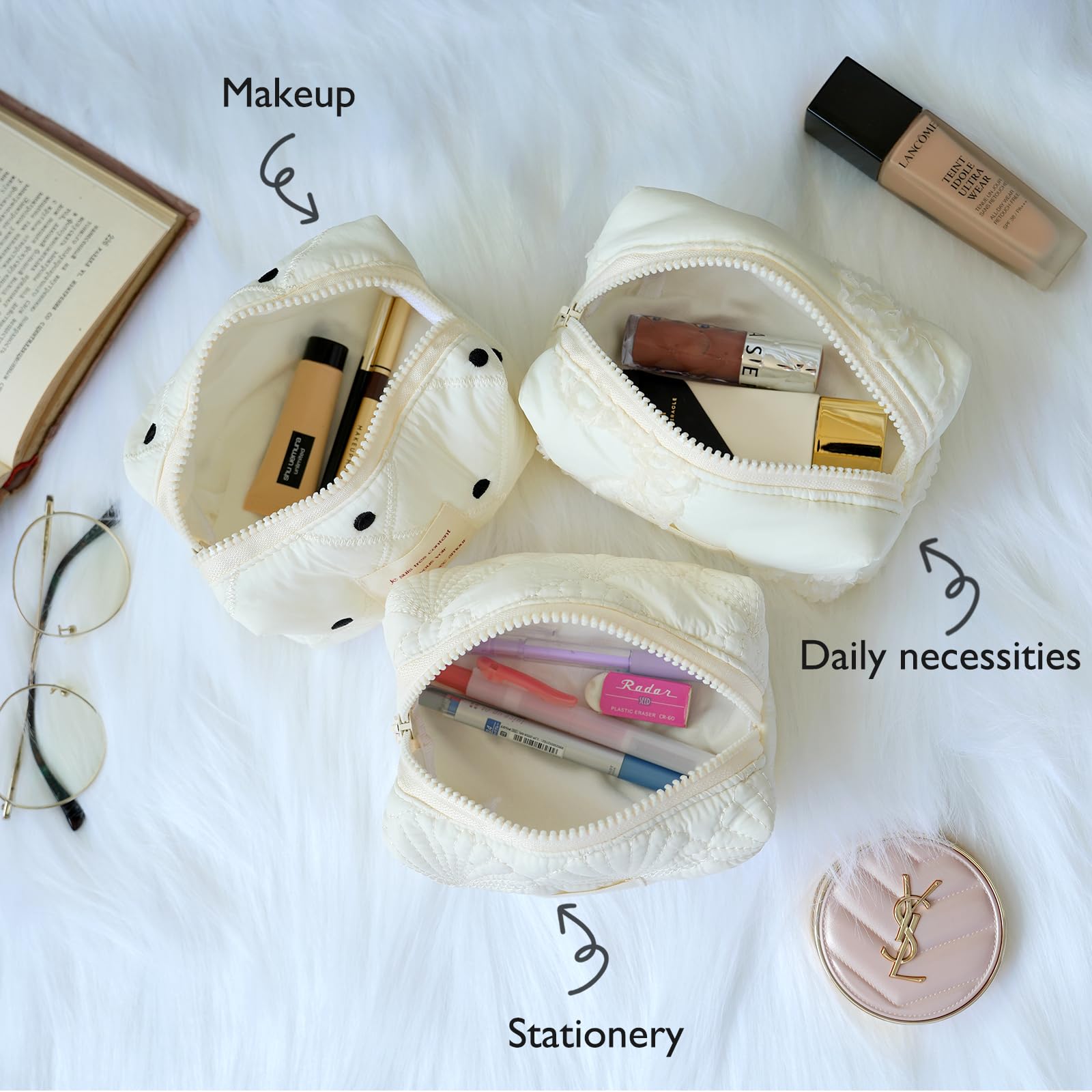 White Quilted Makeup Bag for Women - Waterproof Travel Cosmetic Organizer - Floral Design for Girls & Travel Accessories