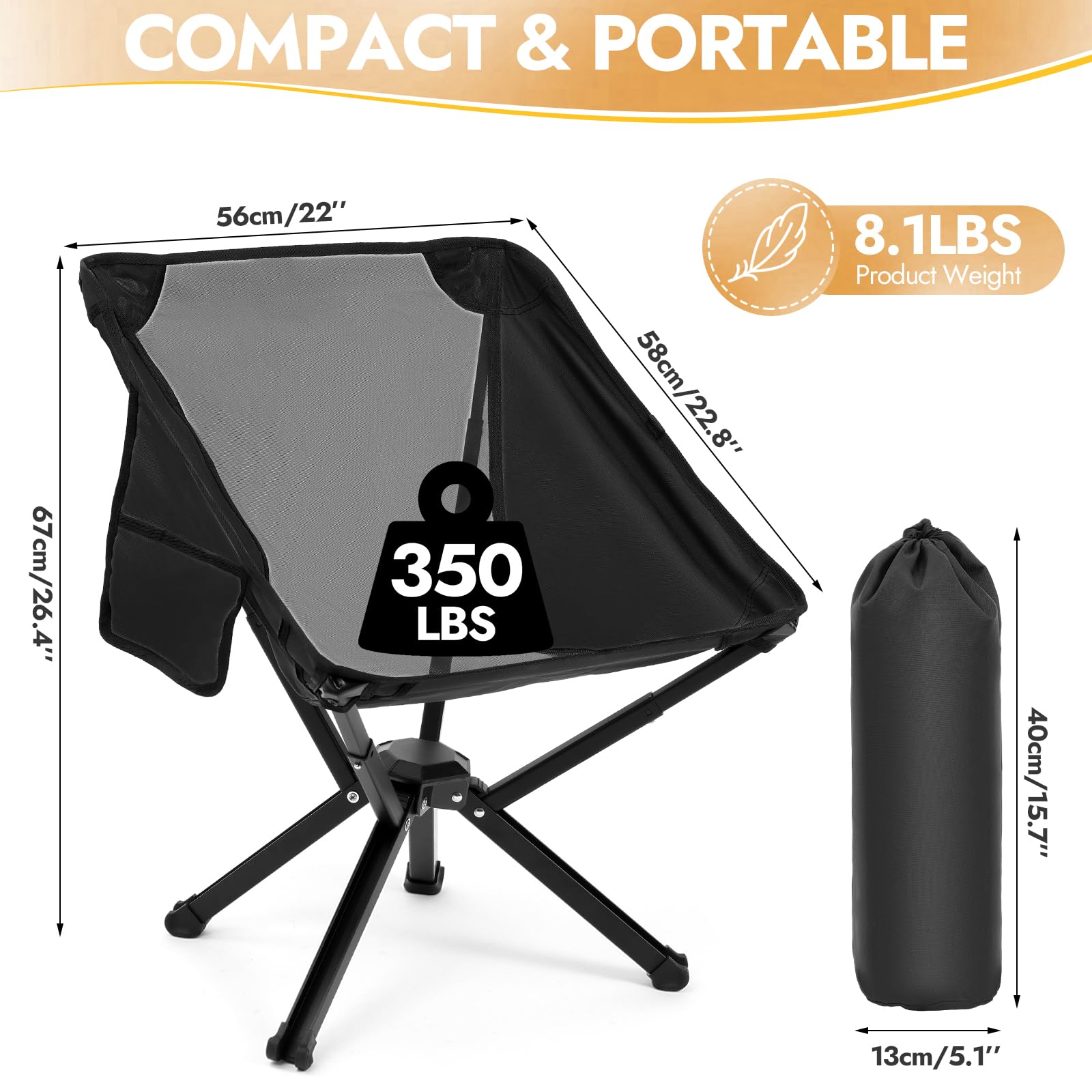 2 Pack Portable Camping Chairs - Heavy Duty 350 LBS Capacity Lightweight Folding Chairs with Carry Bag - Perfect for Outdoor Adventures, Beach, Fishing, Picnics, Concerts & Backpacking (Black)