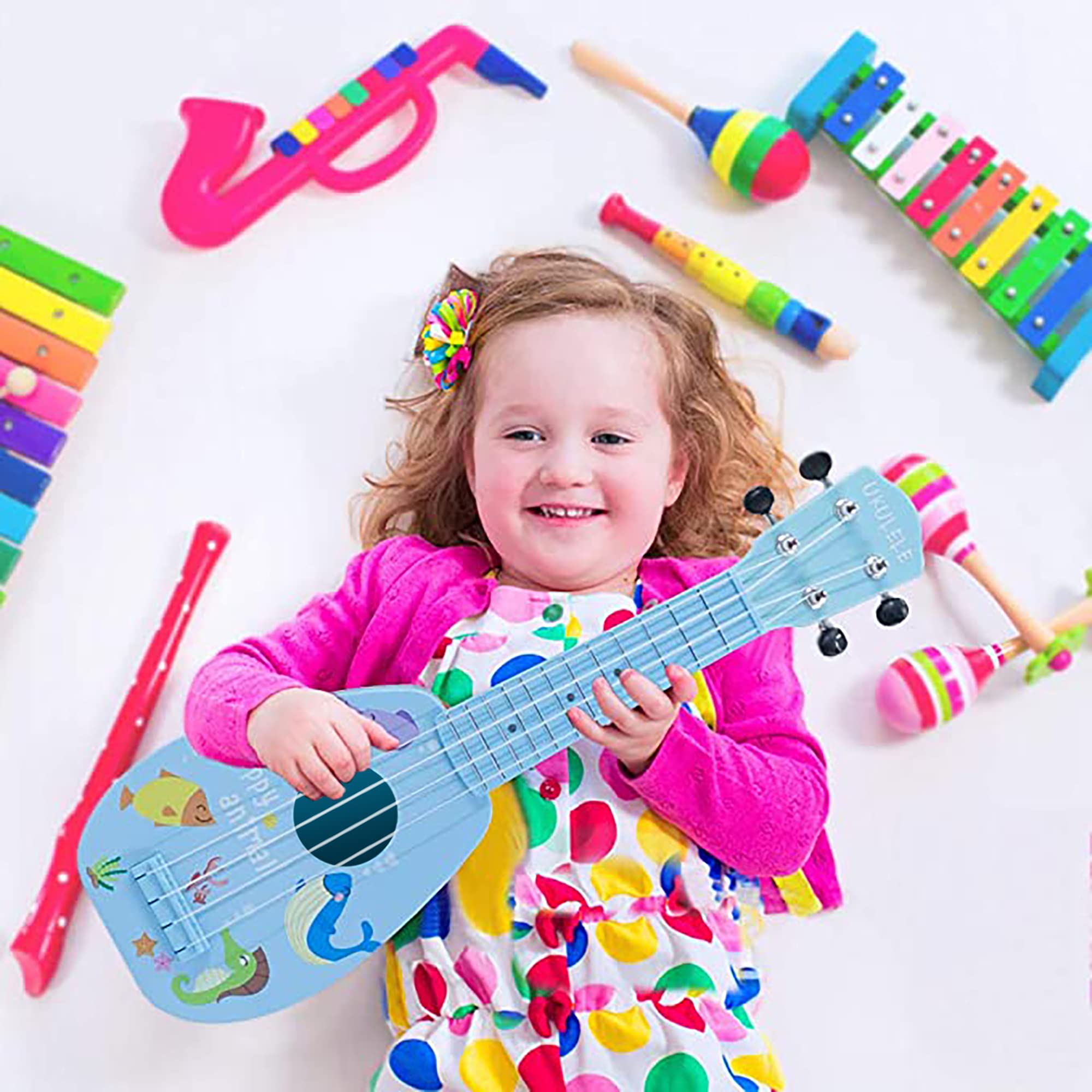 **YOLOPLUS+ 17 Inch Kids Ukulele Toy – 4-String Mini Guitar for Toddlers & Beginners – Educational Musical Instrument with Anti-Impact Design, Includes Picks, Strap & Tutorial – Perfect for Learning, Playtime & Early Music Development**