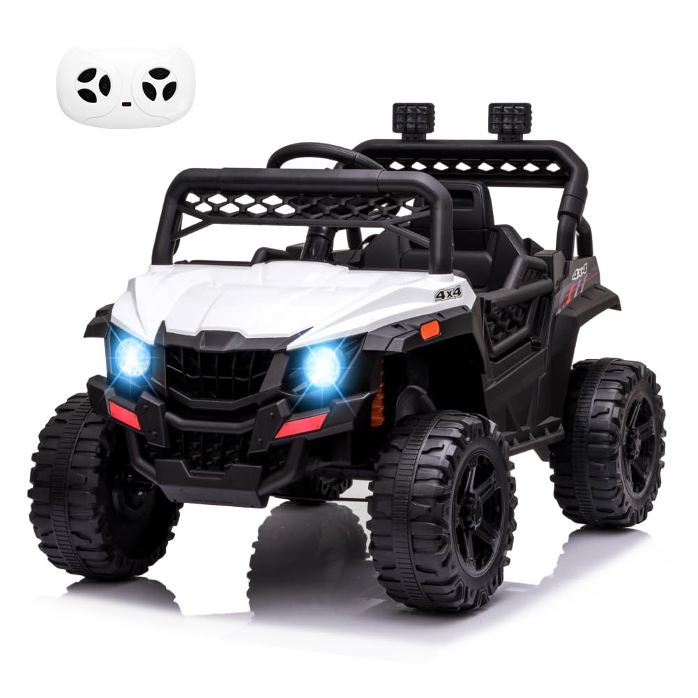 12V Battery Powered Kids Ride On Car with Remote Control - Electric Toy Vehicle for Toddlers with Spring Suspension, LED Lights, FM Radio, AUX/USB Port & Music Player (White) - Perfect for Indoor/Outdoor Play, Birthday Gifts & Family Fun Activities