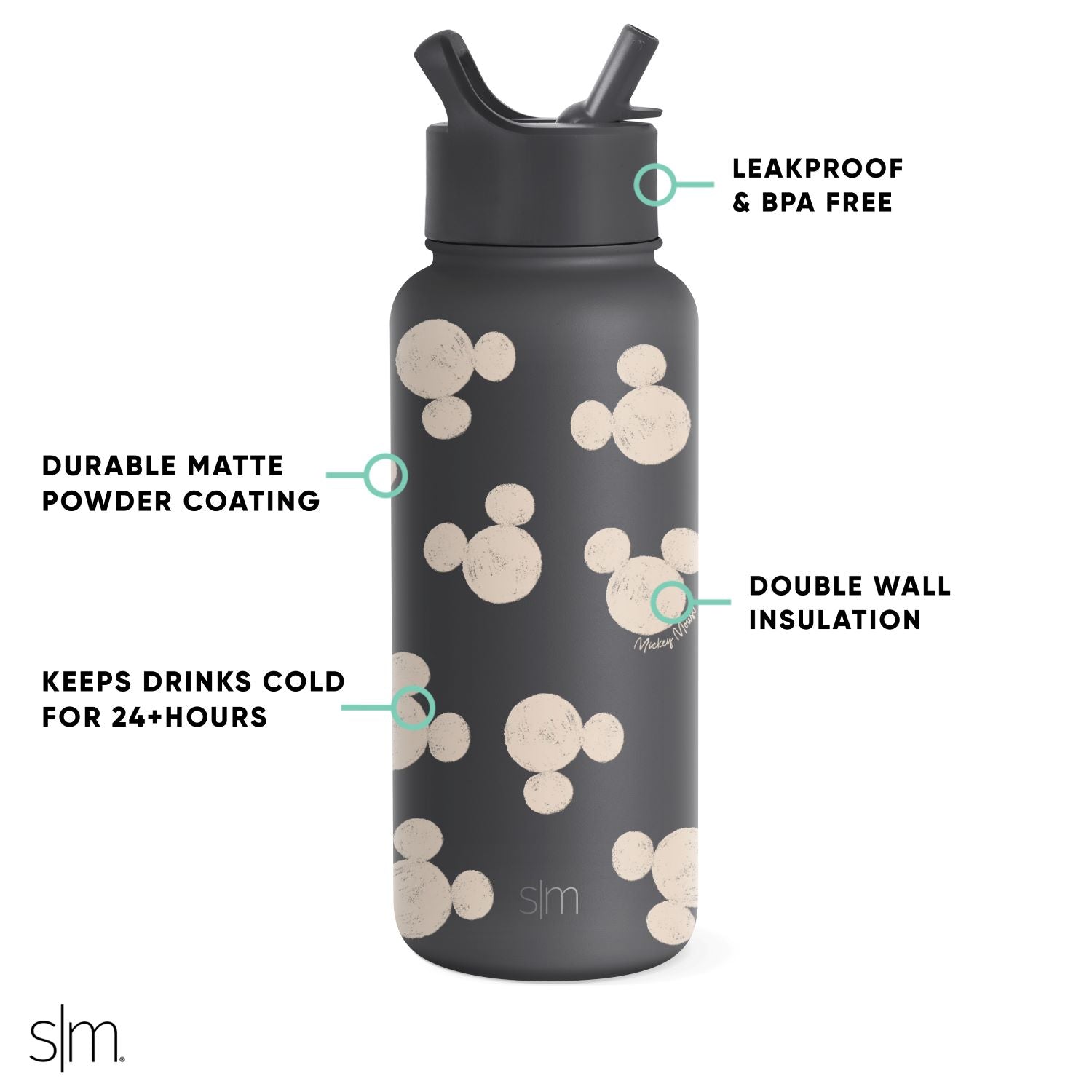 Disney Summit Insulated Water Bottle with Straw Lid - Leakproof Stainless Steel Thermos for Kids & Adults - Perfect for School, Gym, Hiking & Outdoor Activities