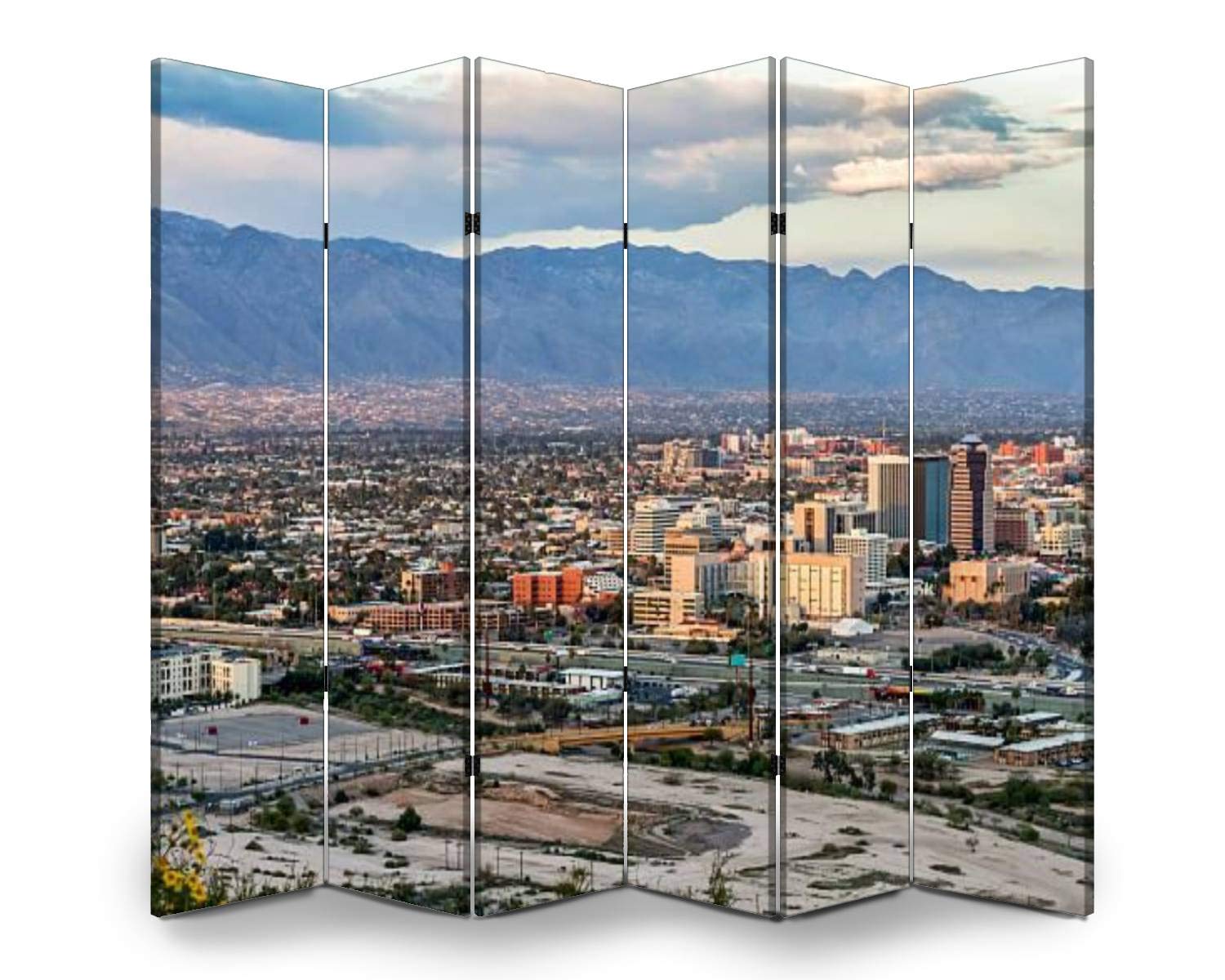 6-Panel Folding Room Divider Screen - Tucson Skyline & Santa Catalina Mountains Sunset Design - Freestanding Privacy Partition for Indoor/Outdoor Use - Perfect for Home Offices, Studios, and Event Spaces