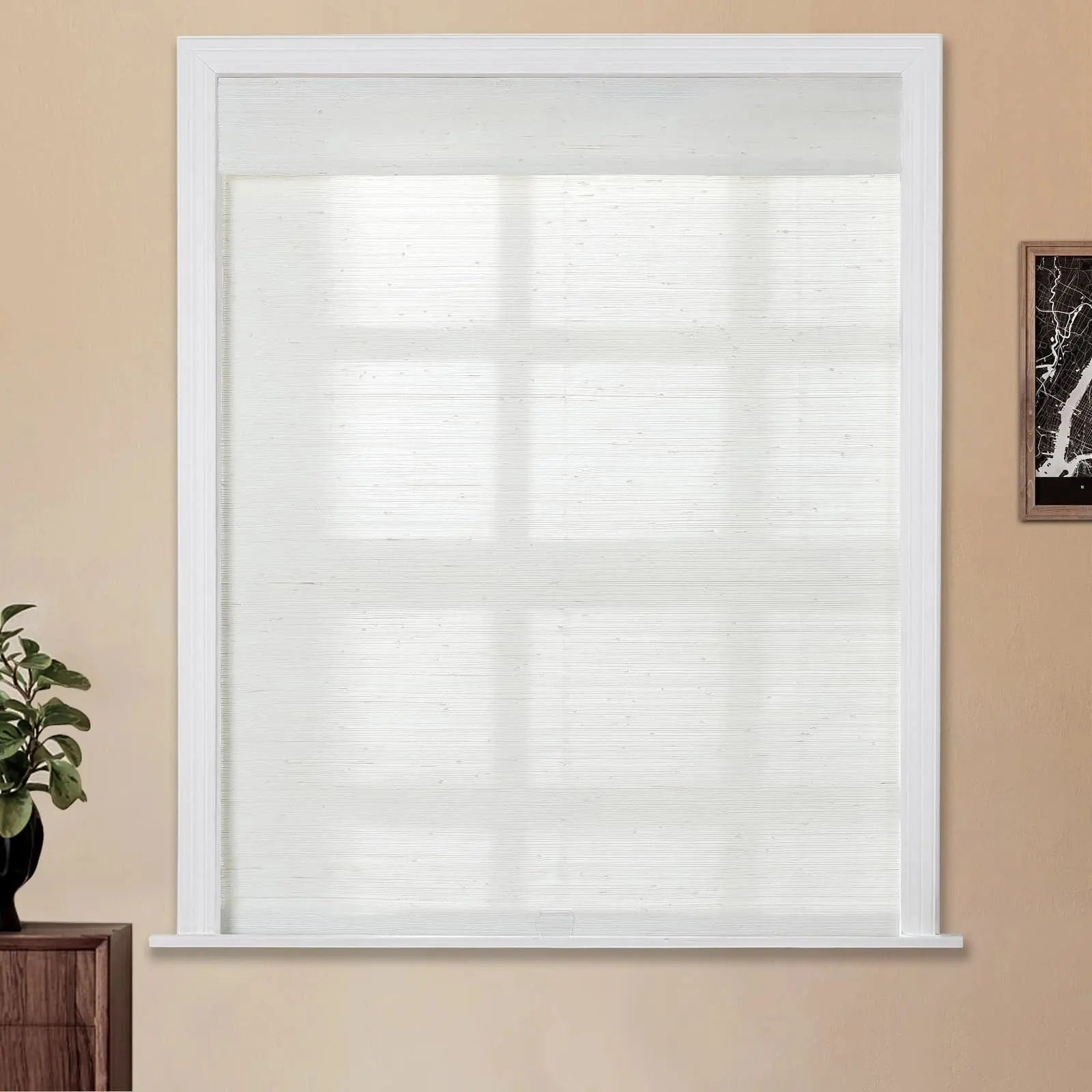 Natural Ramie Bamboo Woven Window Shade - Breathable Rattan White Roller Blind for Living Room, Bedroom & Patio Privacy
