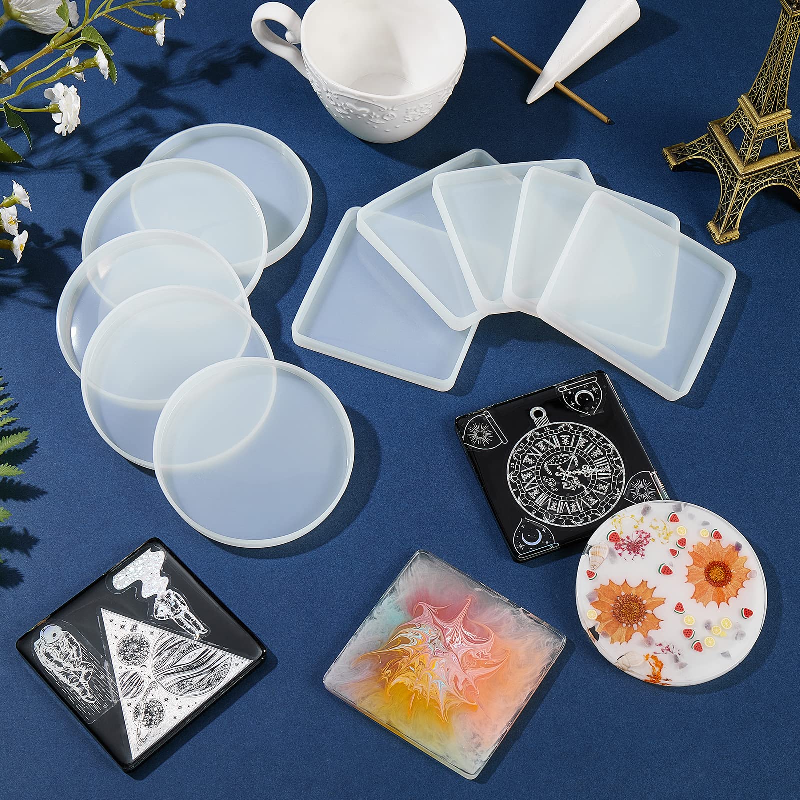 BEEFLYING 10-Piece Silicone Coaster Mold Set - 2 Styles (Square & Round) for DIY Resin Casting, Epoxy Cup Mats, Home Decor - Perfect for Crafting, Gift Making & Table Setting