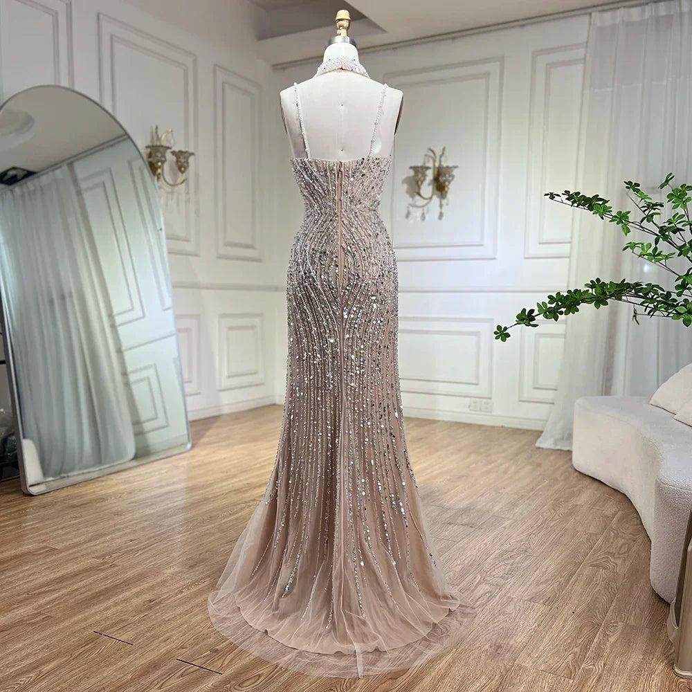 Elegant Silver Beaded Mermaid Evening Dress with Split Strap - Women's Prom Gown for Party & Special Occasions | LA72047B | Perfect for Weddings, Galas, and Formal Events