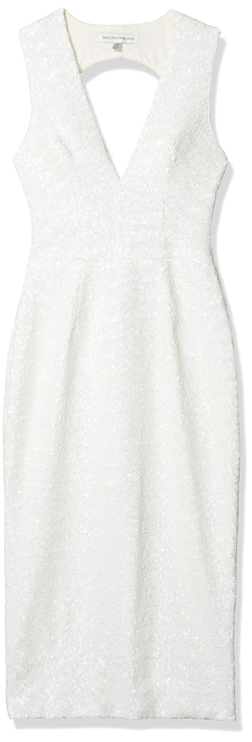 Dress the Population Women's Rani Plunging Neckline Sequin Fitted Midi Sheath Dress - Perfect for Cocktail Parties, Evening Events & Special Occasions