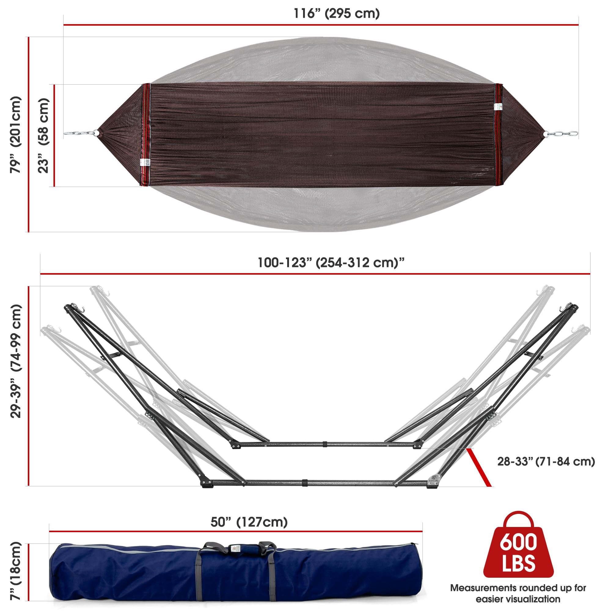 Tranquillo Adjustable & Collapsible Hammock Stand with 600 lbs Capacity - Double Hammock for 2 Persons - 30 Second Assembly - Portable for Camping, Travel, Picnic, Balcony & Backyard (Brown) - Perfect for Outdoor Relaxation, Beach Lounging & Backyard Getaways