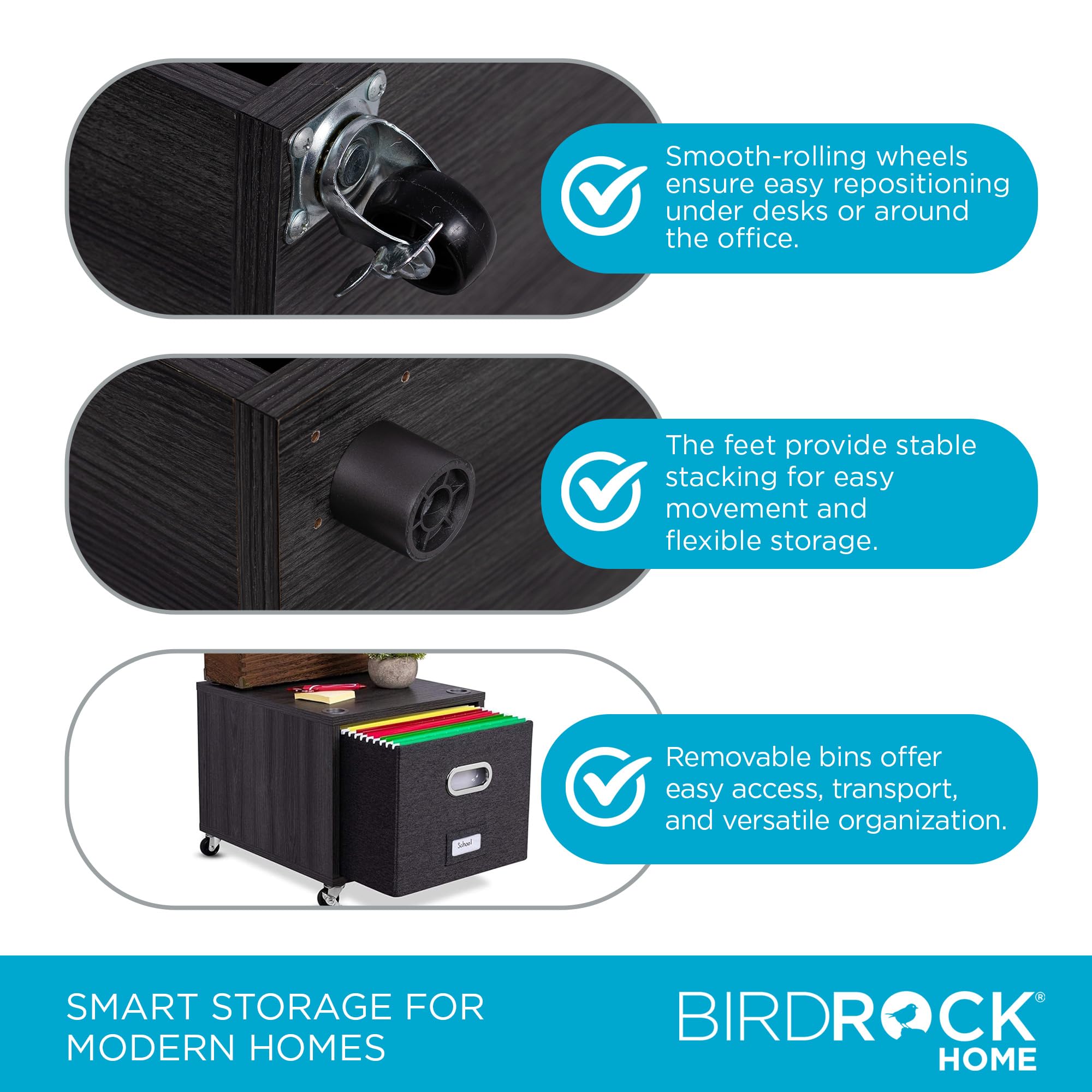 BIRDROCK HOME Rolling File Cabinet with Removable Bins - Modern Gray Storage Shelf with 2 Lateral Drawers, Wheels & Handles - Perfect for Organizing Office Files, Books, Toys | Under Desk Storage Solution for Home & Office Workspace