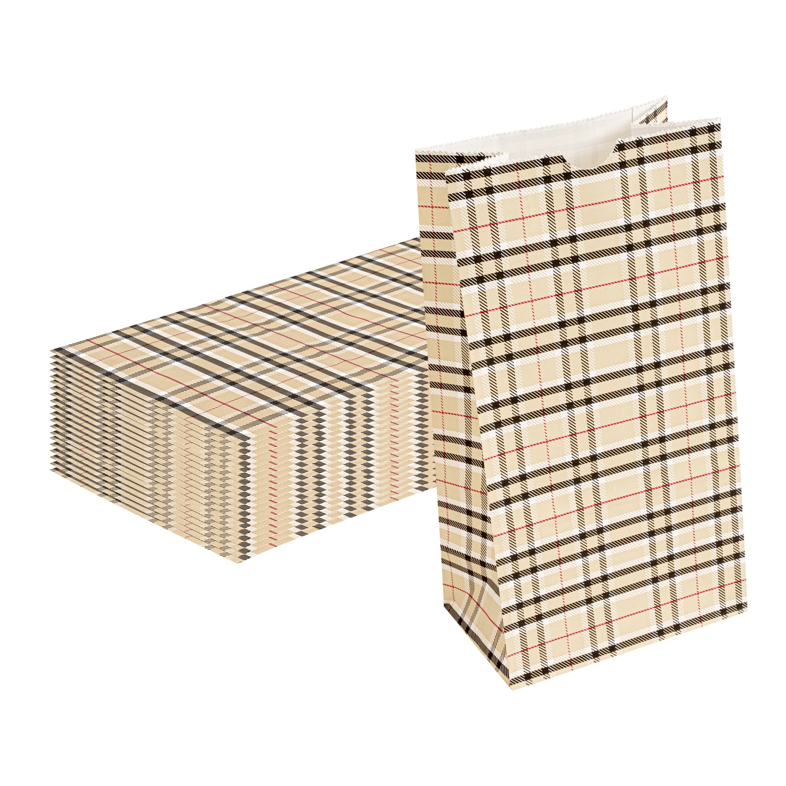 Premium Plaid Paper Bags 4 lb Capacity - 5 x 3.25 x 9.5 Inches - Pack of 100 - Eco-Friendly Gift & Party Favor Bags for Weddings, Birthdays & Retail Packaging