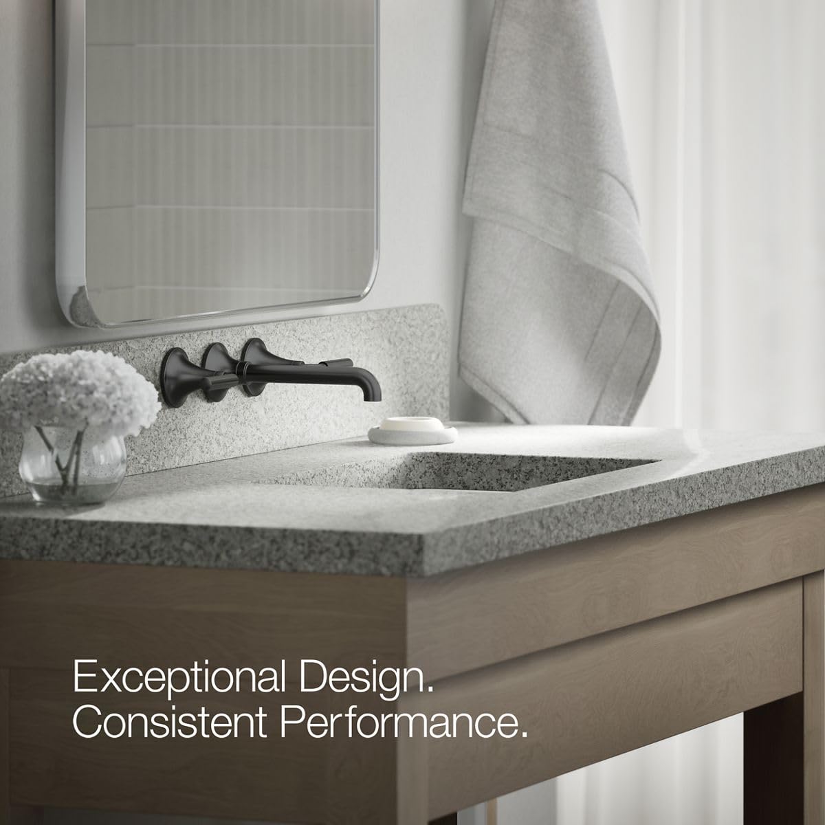 Kohler T26439-4-BL Matte Black Wall-Mount Bathroom Sink Faucet Set with Two Lever Handles - Modern Waterfall Spout Design for Powder Room, Guest Bath & Small Space Installation