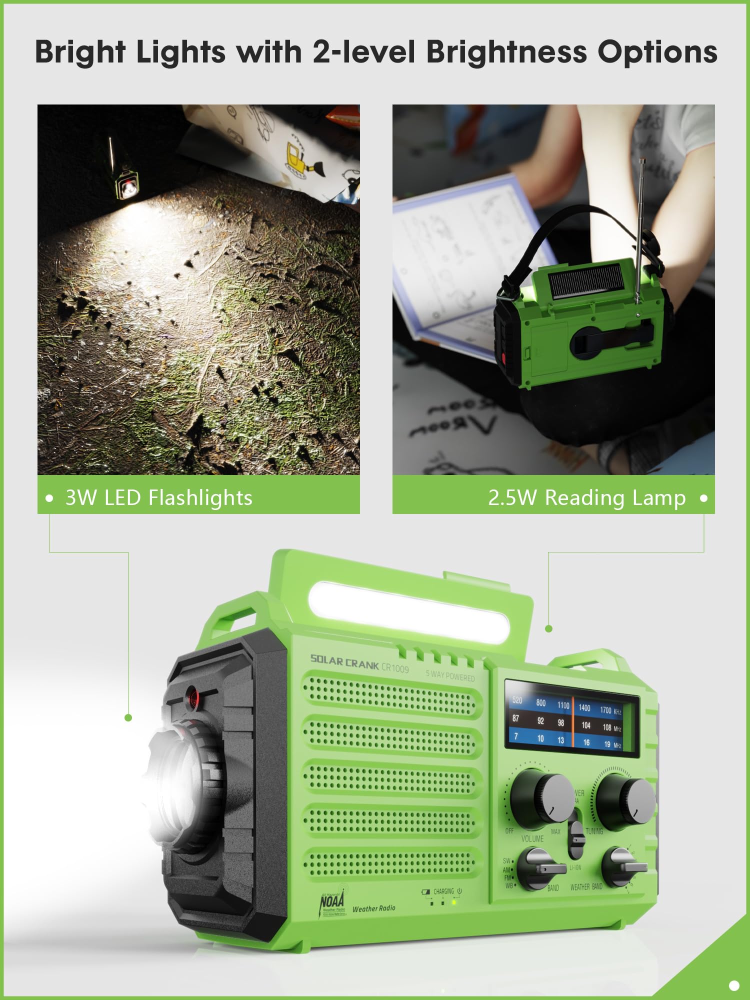 Raynic Solar Hand Crank Emergency Weather Radio - 5000mAh Power Bank with AM/FM/SW/NOAA Alerts, Flashlight, SOS Siren & Phone Charger - Portable Survival Gear for Camping, Hiking & Power Outages (Green)