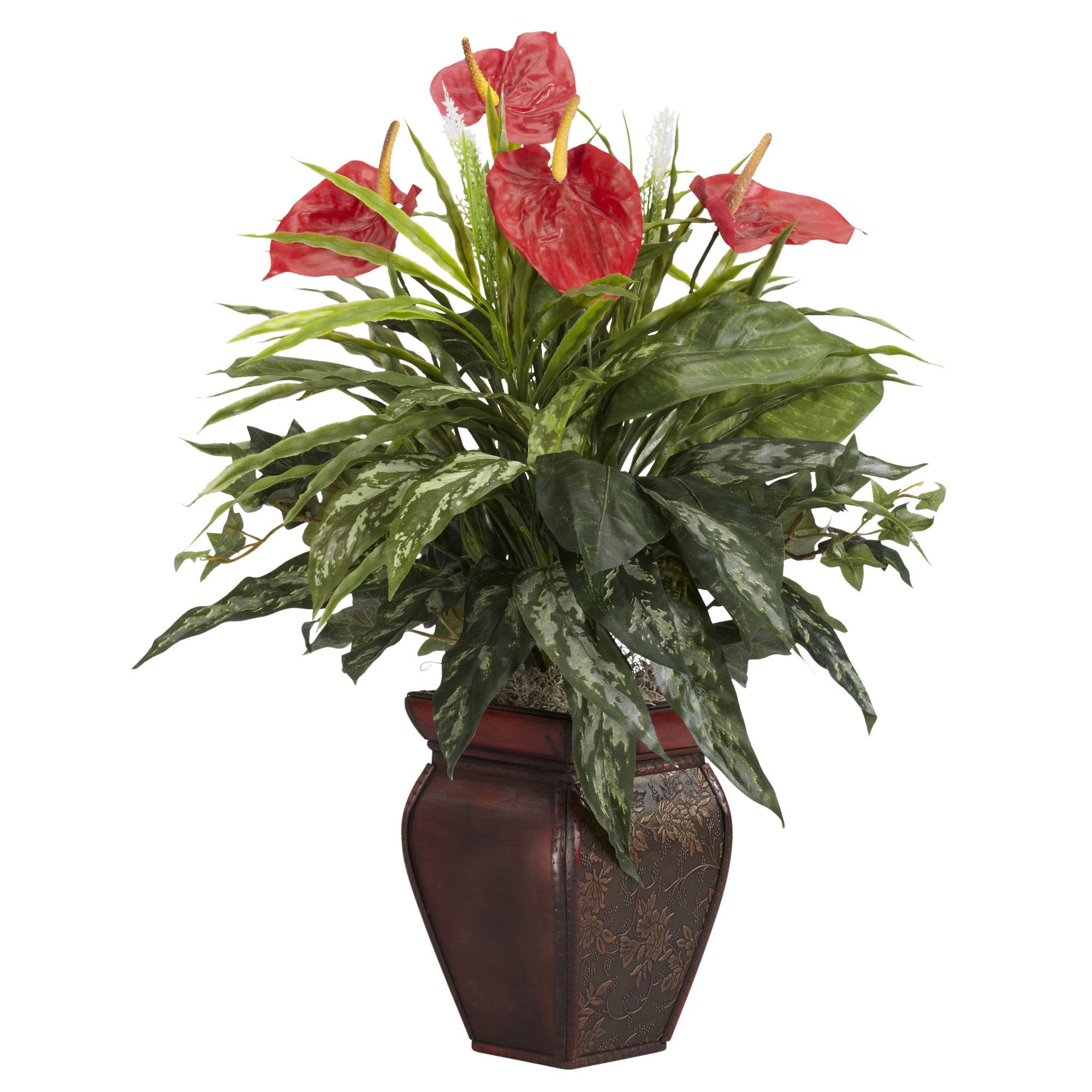 Nearly Natural Mixed Greens & Anthurium Artificial Silk Plant in Decorative Vase - Perfect for Home Office Decor, Wedding Centerpieces & Indoor Greenery