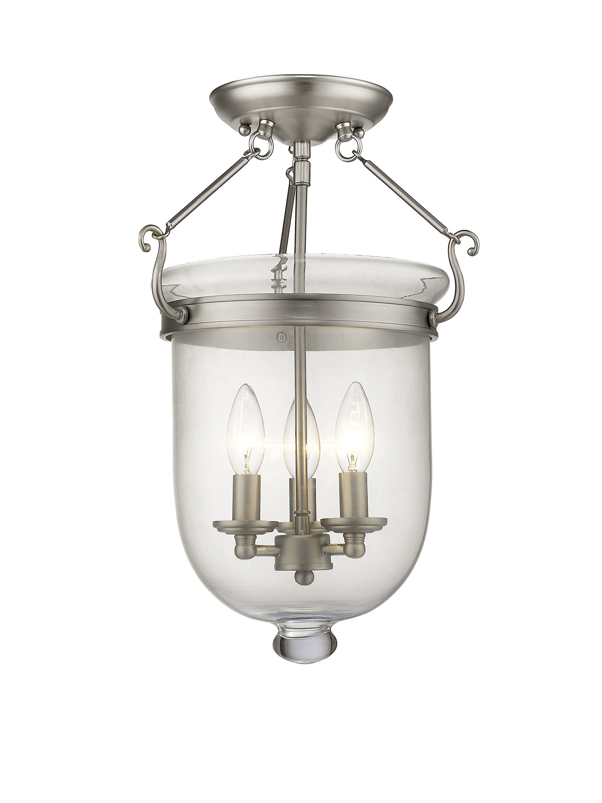 Livex Lighting Jefferson 3-Light Brushed Nickel Semi-Flush Mount Bell Jar Ceiling Fixture with Clear Glass Shades - Perfect for Dining Room, Bedroom, or Entryway Lighting