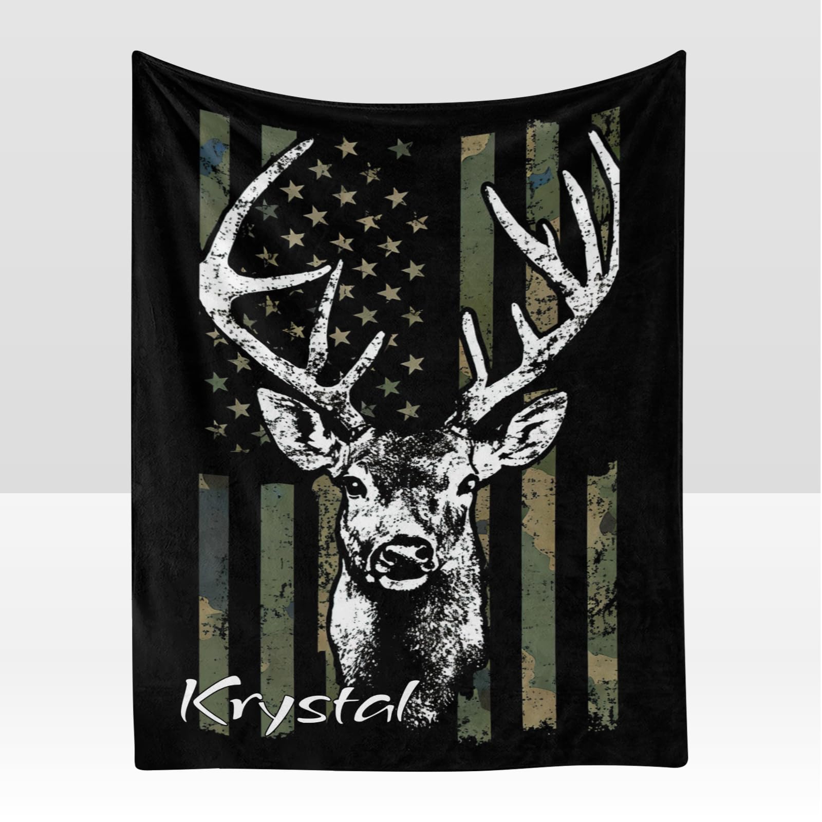 Custom Personalized Deer American Flag Green Camo Star Fleece Blanket - Super Soft 50x60 Inch Throw for Couch, Sofa & Bed - Perfect for Camping, Gifts & Home Decor