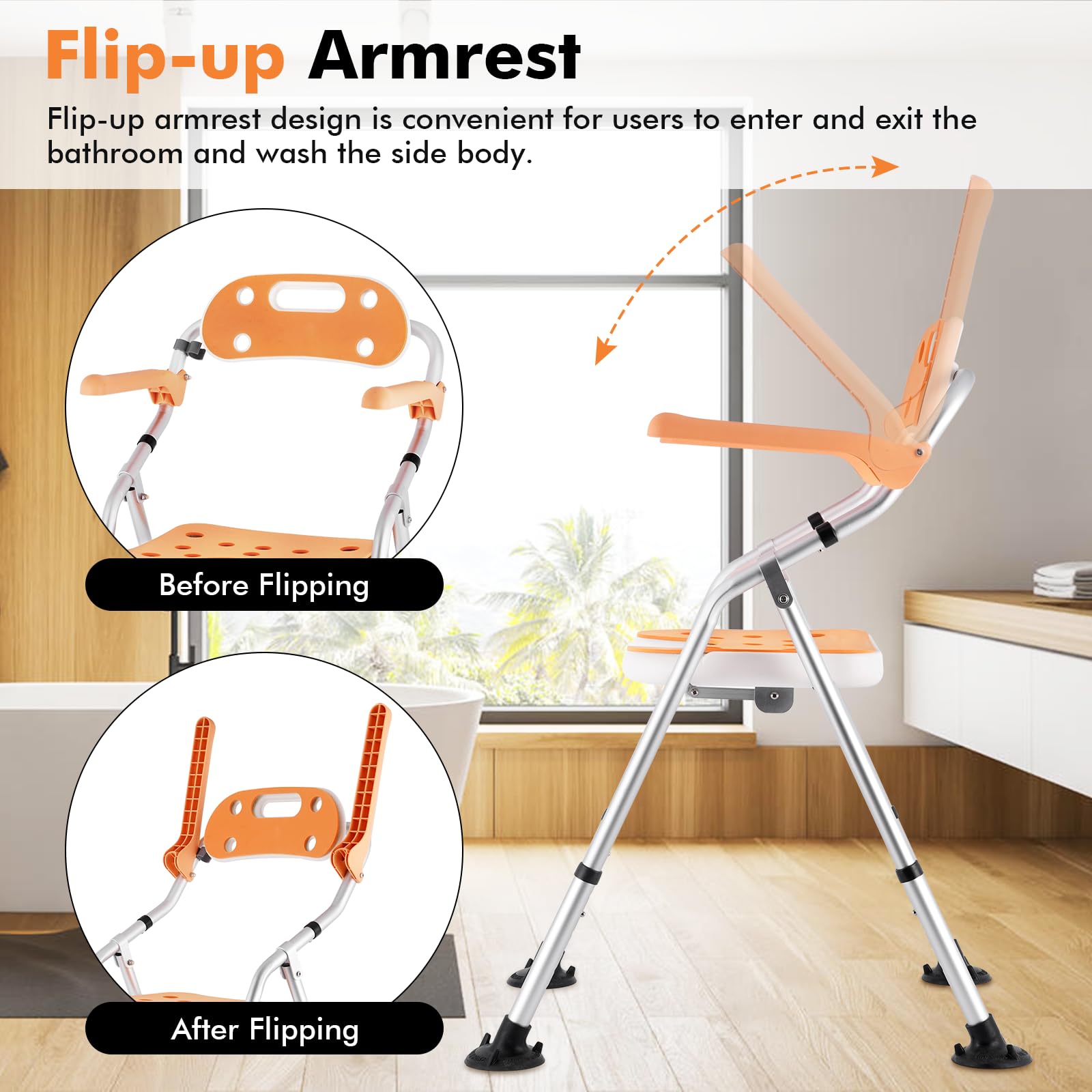 Foldable Shower Chair with Arms & Back - Adjustable Height (6 Levels) for Elderly, Pregnant & Disabled - 440lbs Weight Capacity - Non-Slip Bath Seat with Cutout Design - Perfect for Safe Bathing & Private Washing in Home & Hospital Settings
