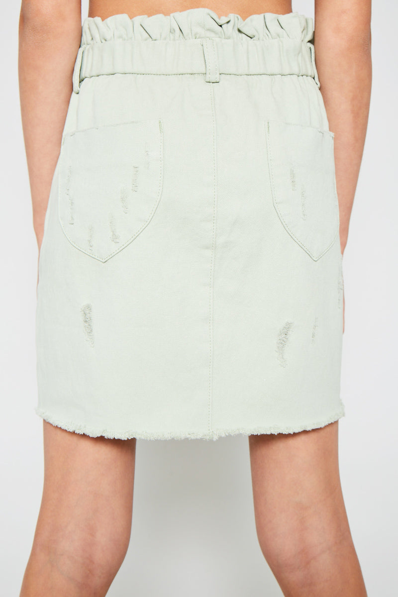 Distressed Paperbag Waist Denim Skirt for Women - Vintage High Rise A-Line Skirt with Button Front | Perfect for Casual Outfits, Street Style & Summer Fashion