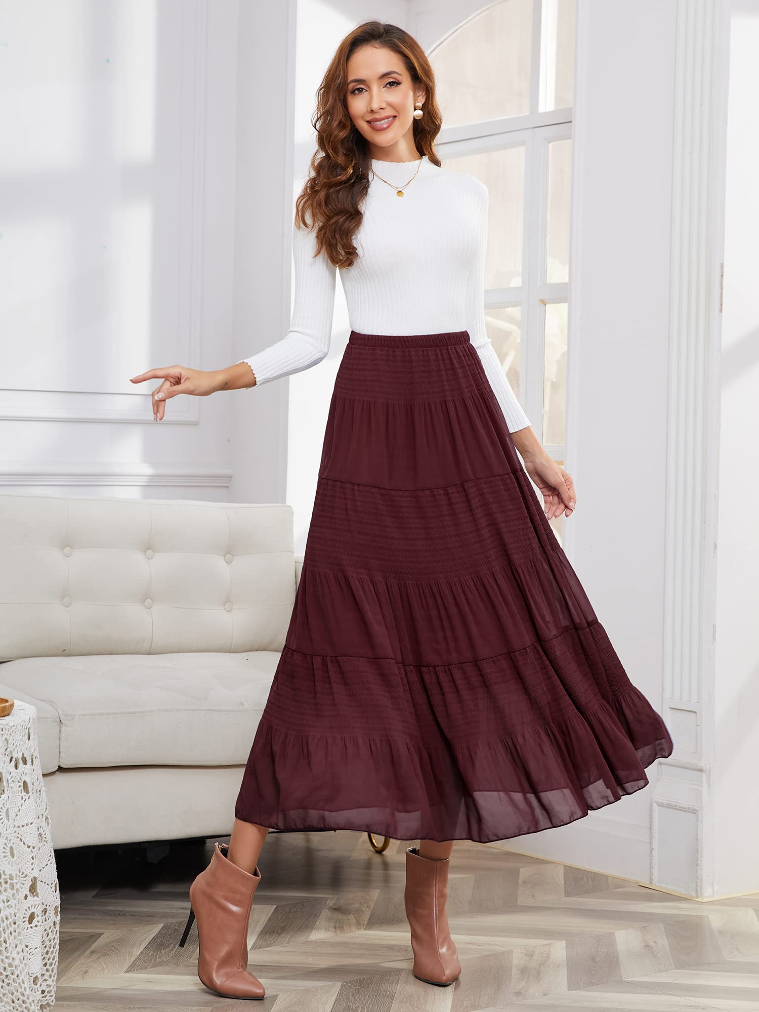 NASHALYLY Women's Chiffon Elastic High Waist Pleated A-Line Flared Maxi Skirt - Elegant Summer Beach Wedding Party Dress for Casual & Formal Occasions