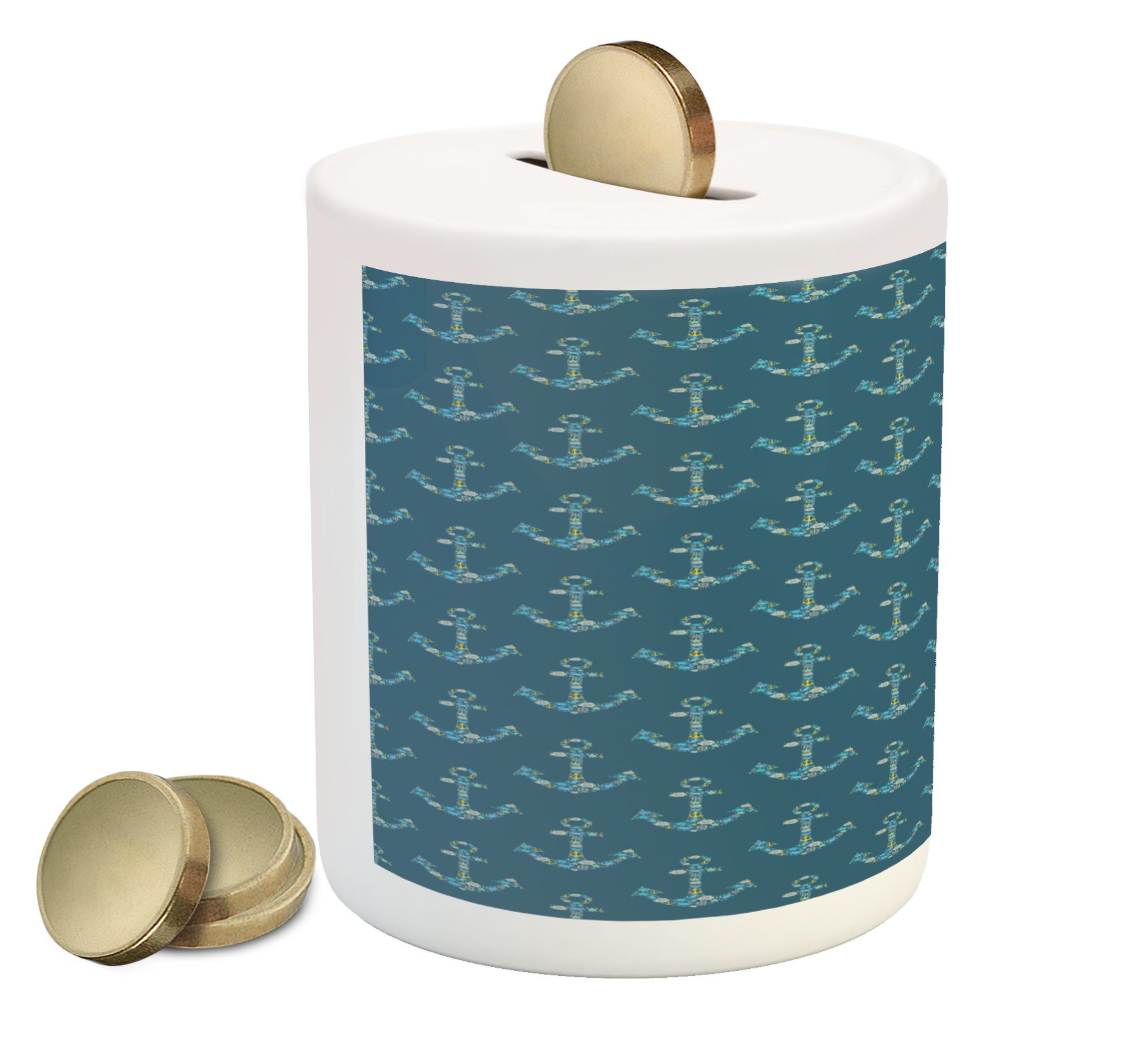 Ambesonne Anchor Ceramic Piggy Bank - Nautical Underwater Sea Animals Design with Anchors & Fishes - Blue & Beige Coin Bank for Cash Savings | Perfect for Kids Room, Beach House Decor & Marine Theme Gifts