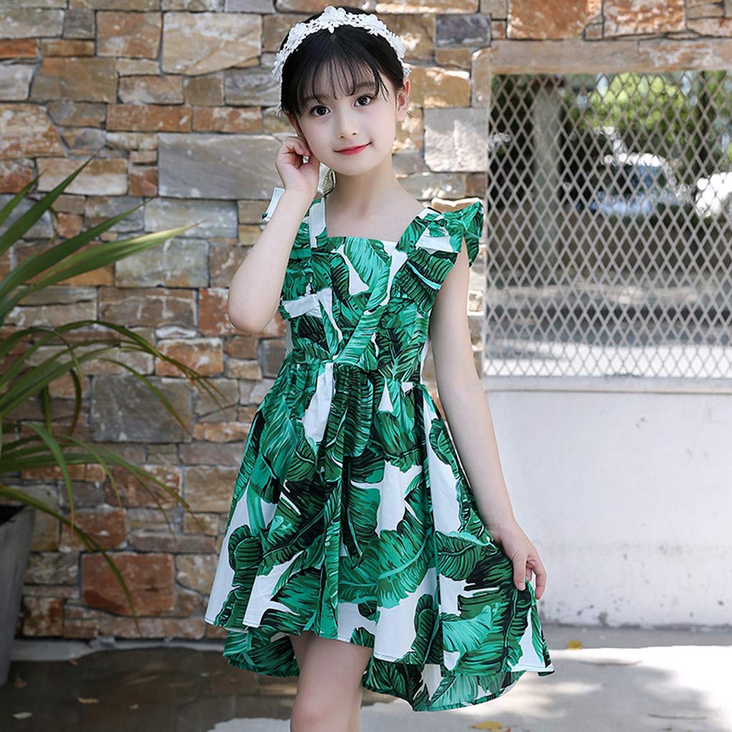 Hawaiian Tropical Sundress for Girls 4-12 Years - Sleeveless Leaf Print Ruched Summer Dress - Casual Beachwear for Kids & Teens - Perfect for Vacations, Parties & Outdoor Adventures