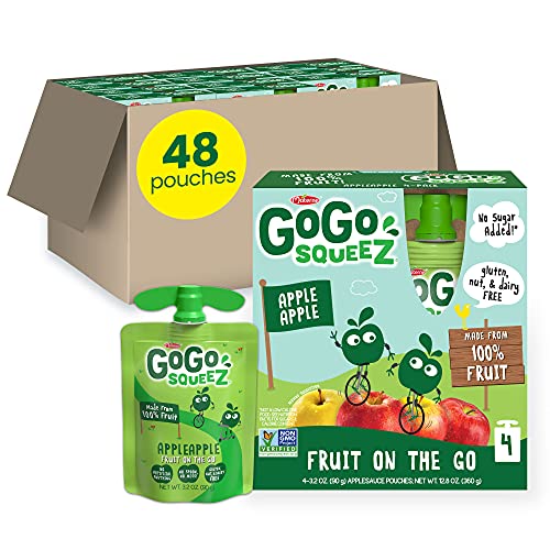 GoGo squeeZ Apple Apple Fruit on the Go - Healthy 3.2 oz Applesauce Pouches (Pack of 48) | Gluten Free, Nut Free, Dairy Free, Vegan Kids Snacks | Perfect for School Lunches, After-School Treats & Road Trips